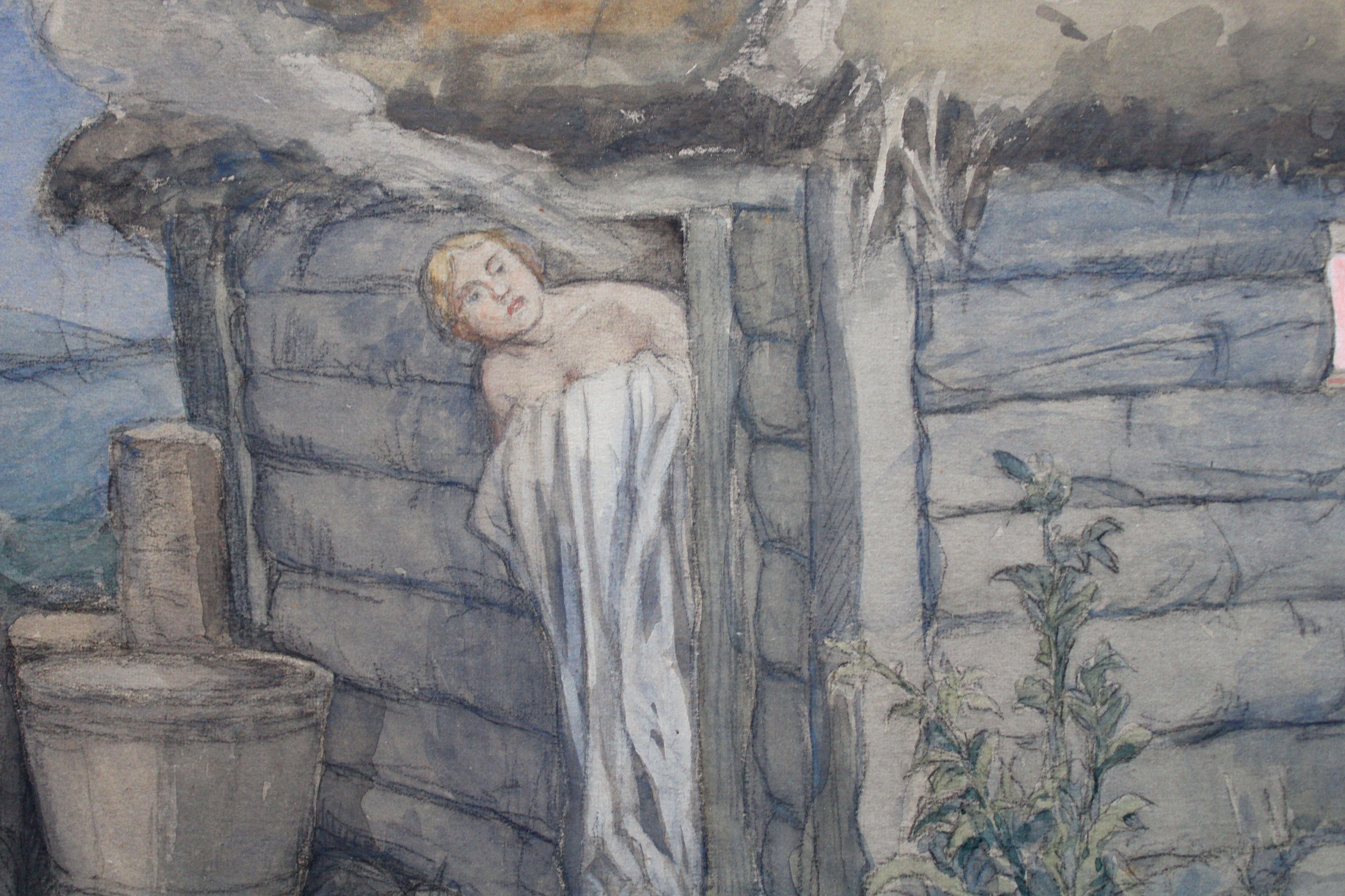 By the bath. watercolor on paper, 48, 5x58, 5 cm - Gray Figurative Painting by Indrikis Zeberins 