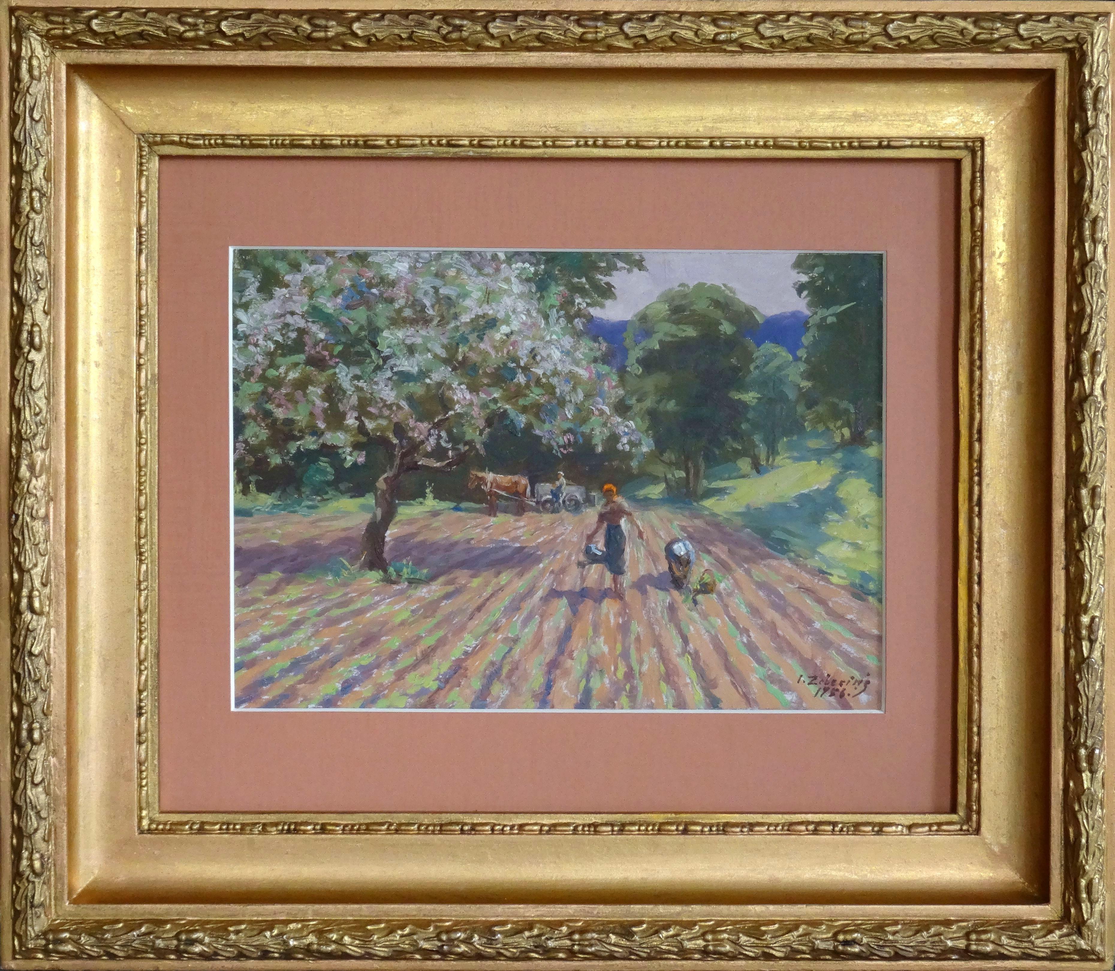 Harvesting. 1956. Cardboard, oil, 23x33 cm - Painting by Indrikis Zeberins 