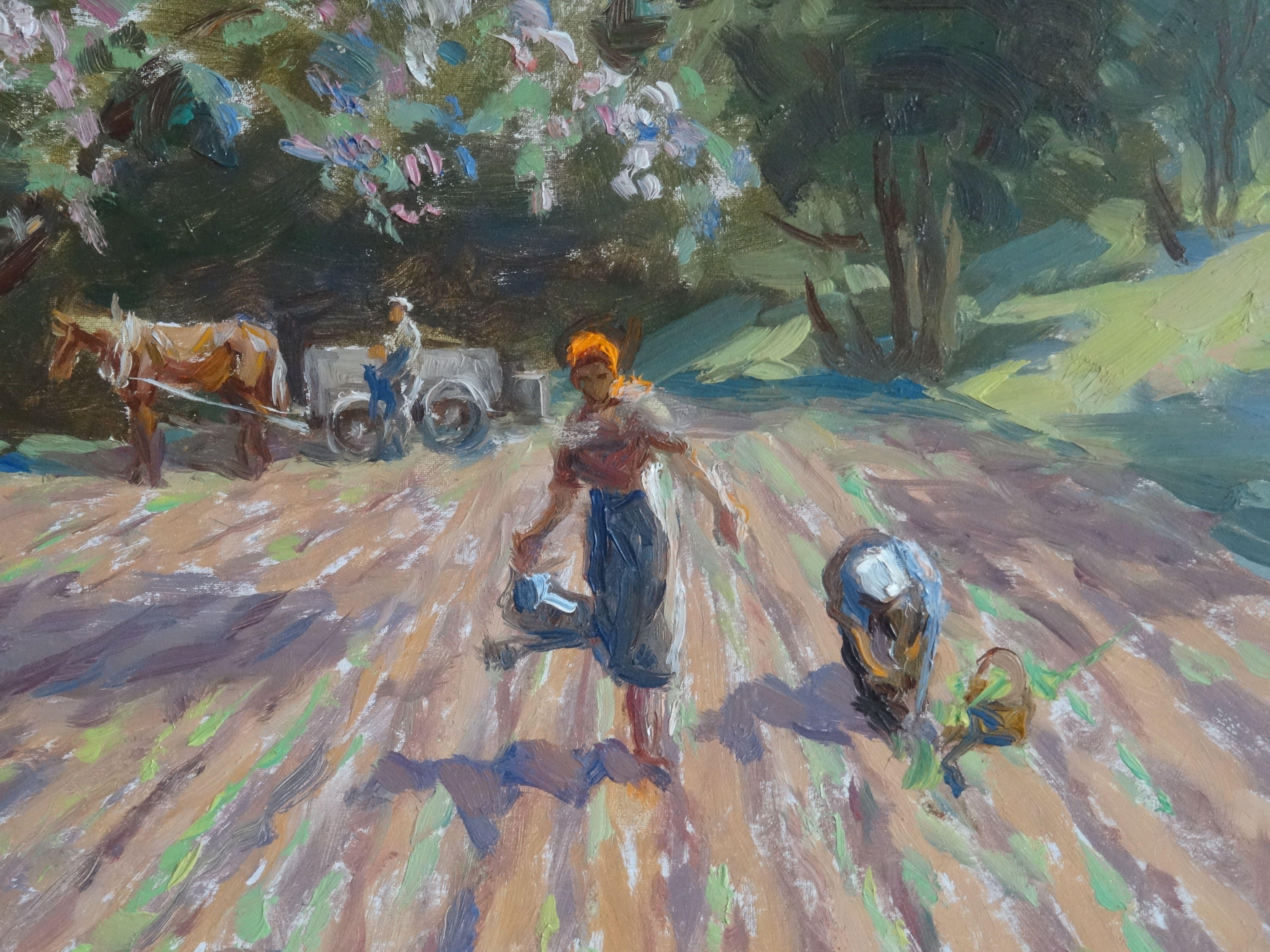 Harvesting. 1956. Cardboard, oil, 23x33 cm - Realist Painting by Indrikis Zeberins 
