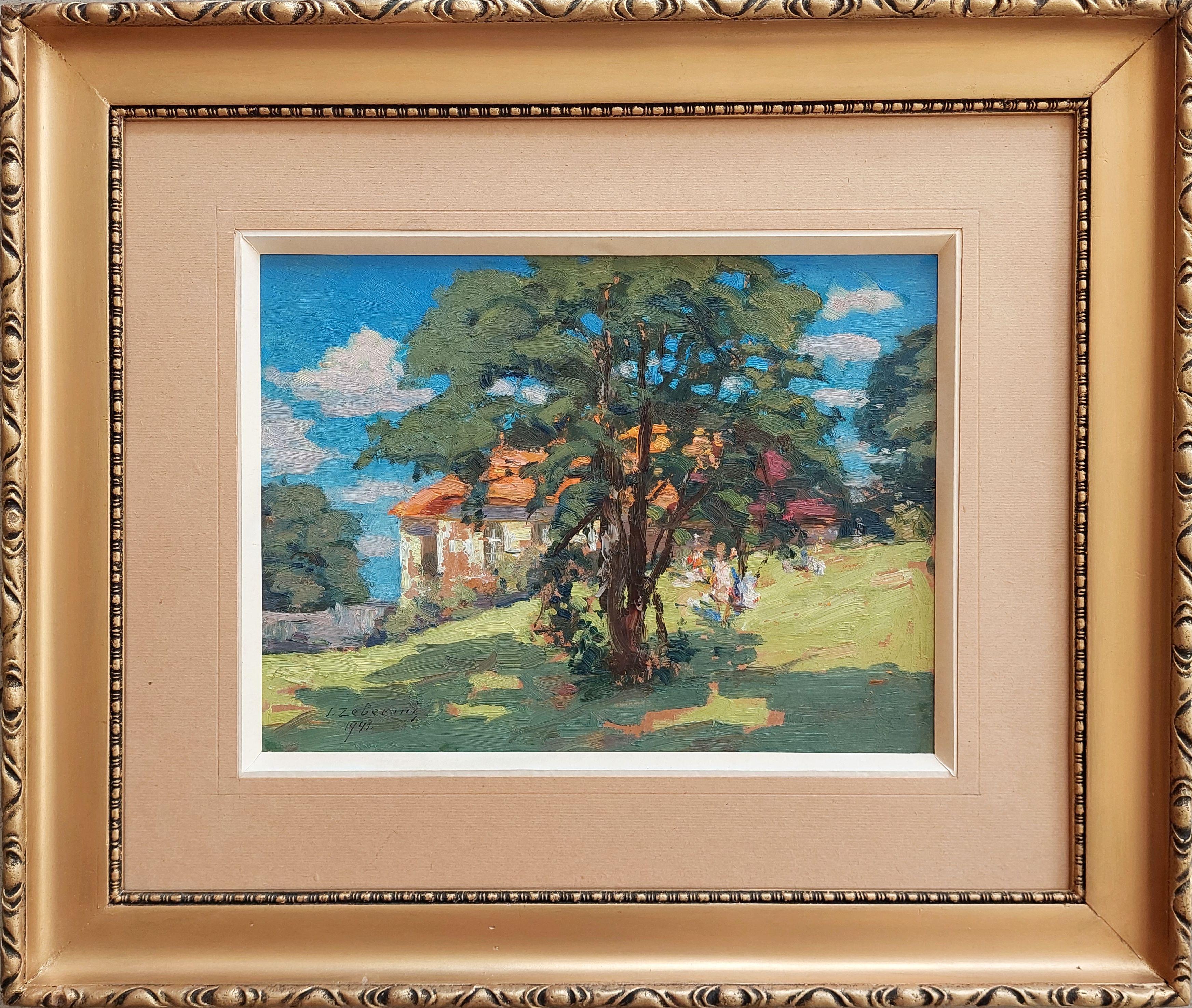 In der Sonne  1942, Öl auf Karton, 24x33 cm, Öl – Painting von Indrikis Zeberins 