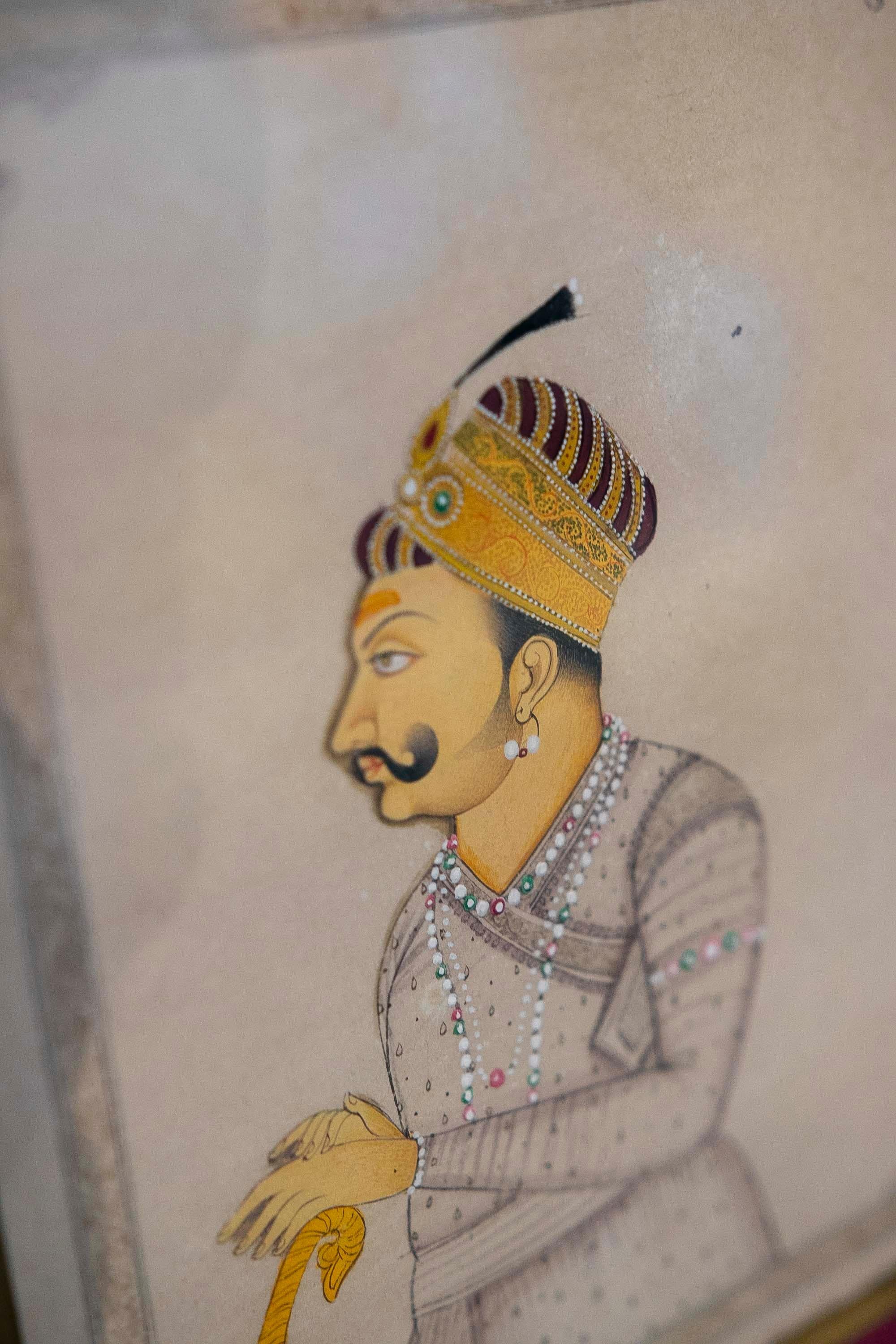 Hand-Painted Indu Hand Painted Picture of a Maraja Character with a Hat and Sword