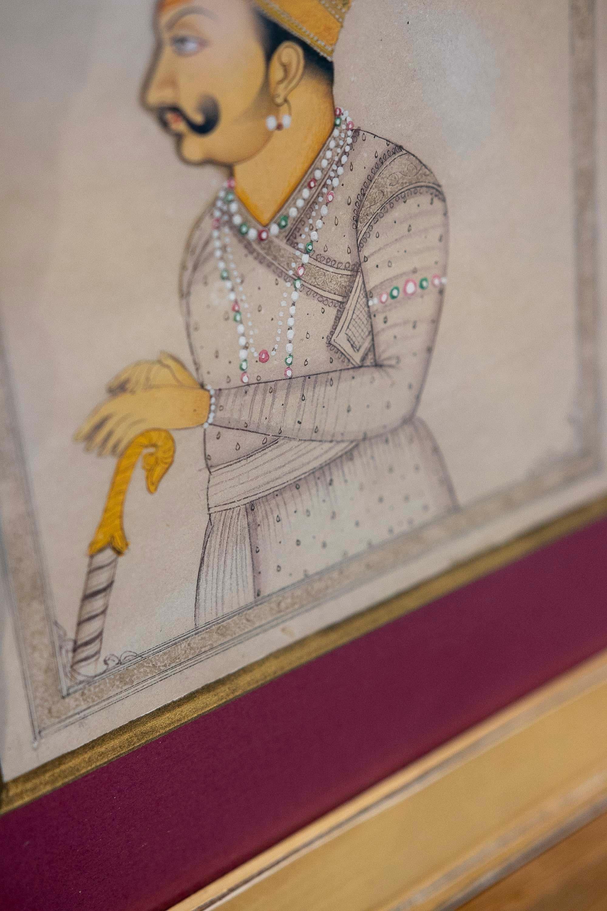 Indu Hand Painted Picture of a Maraja Character with a Hat and Sword In Good Condition In Marbella, ES