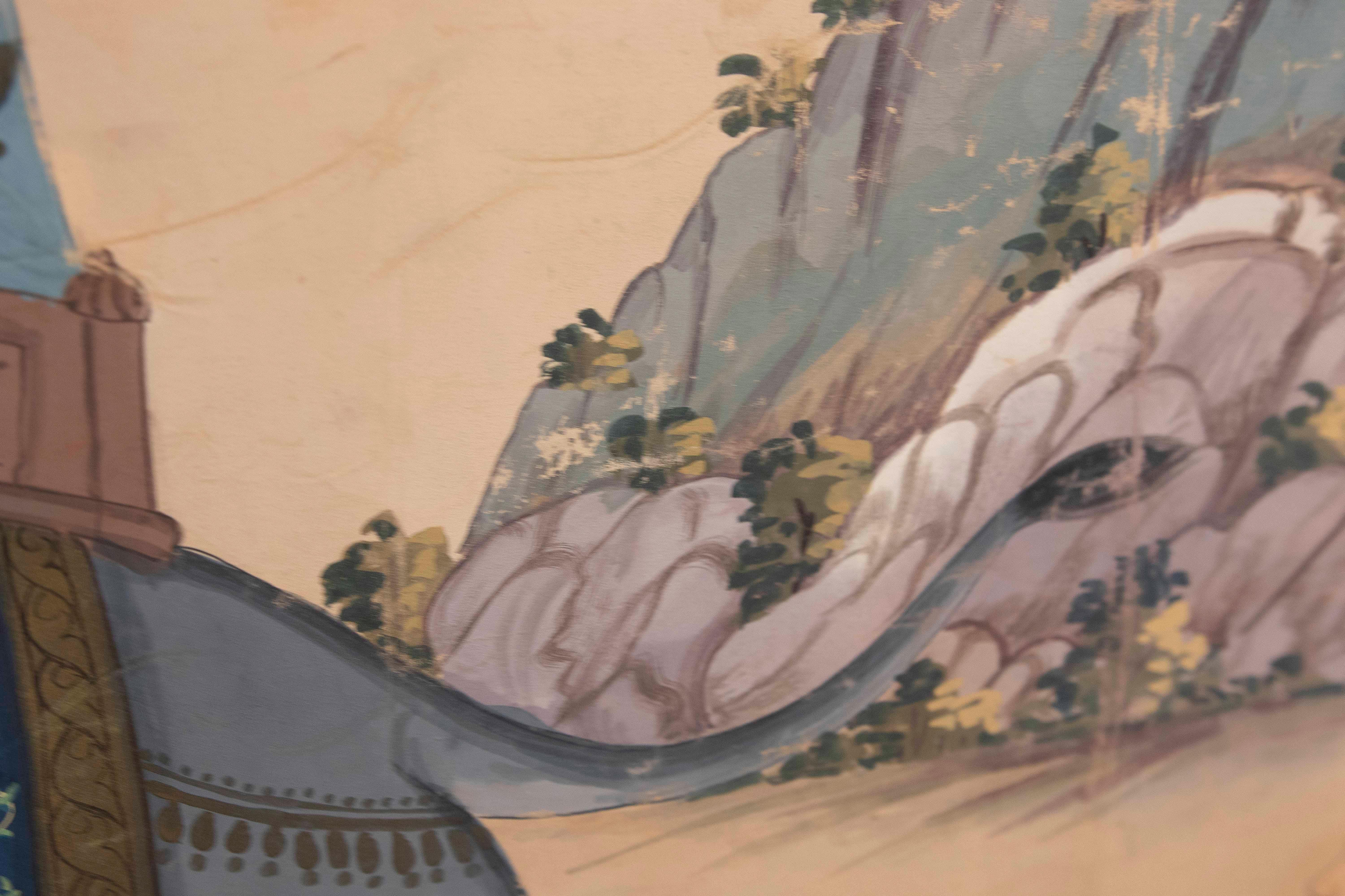 Peinture de chasse d'un tigre avec un éléphant et des ornements chantournés bordant la scène en vente 4