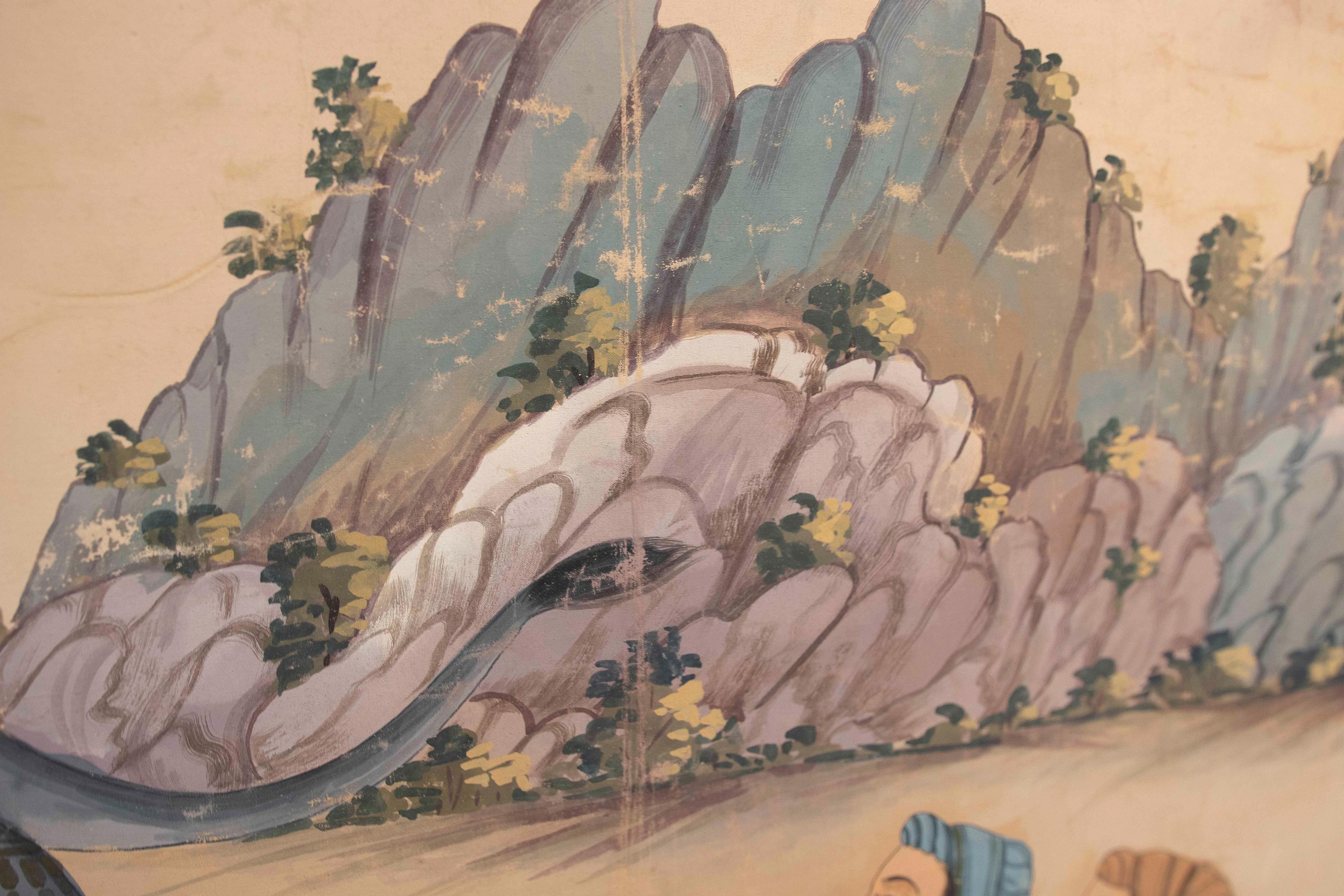 Peinture de chasse d'un tigre avec un éléphant et des ornements chantournés bordant la scène en vente 5