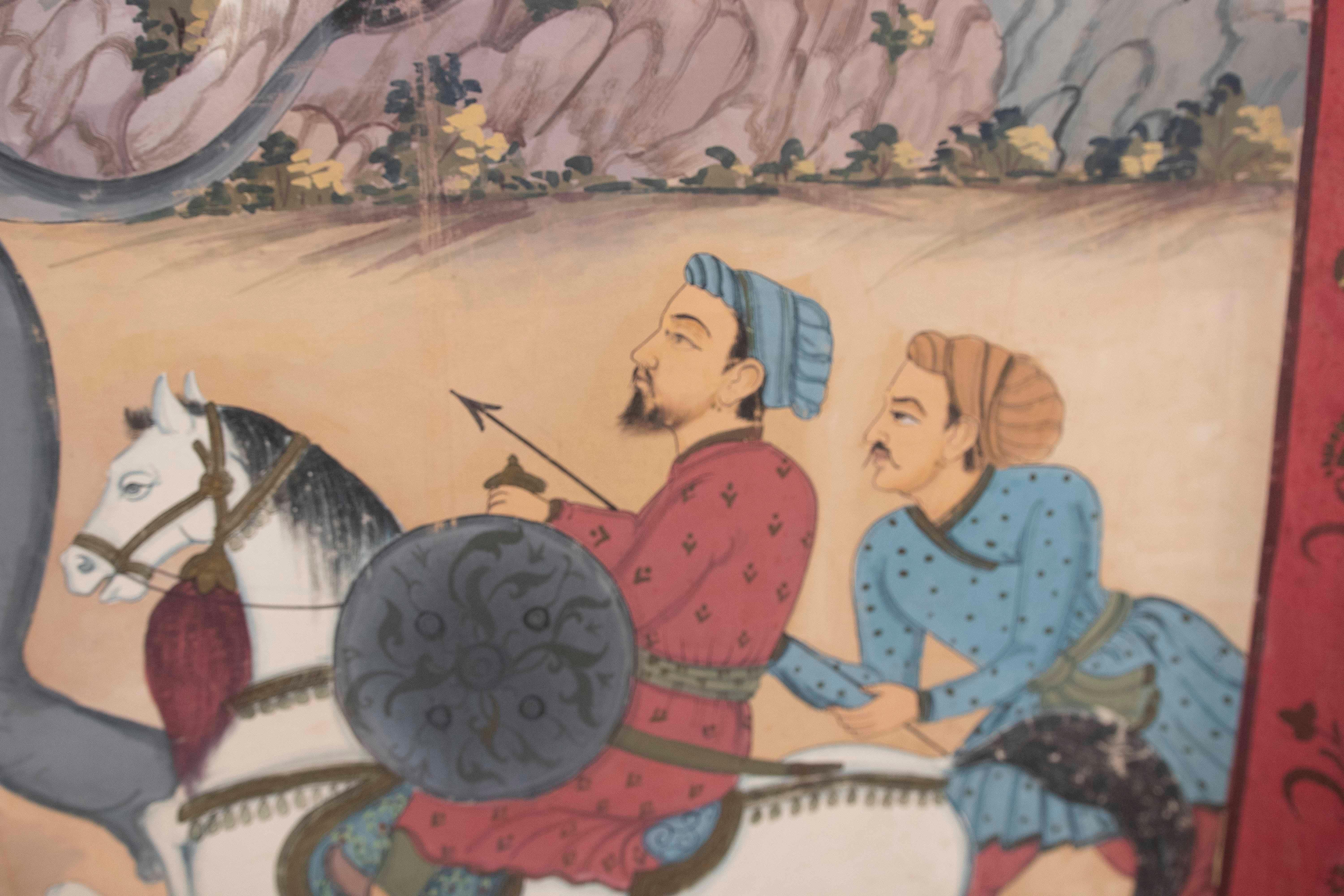 Peinture de chasse d'un tigre avec un éléphant et des ornements chantournés bordant la scène en vente 6