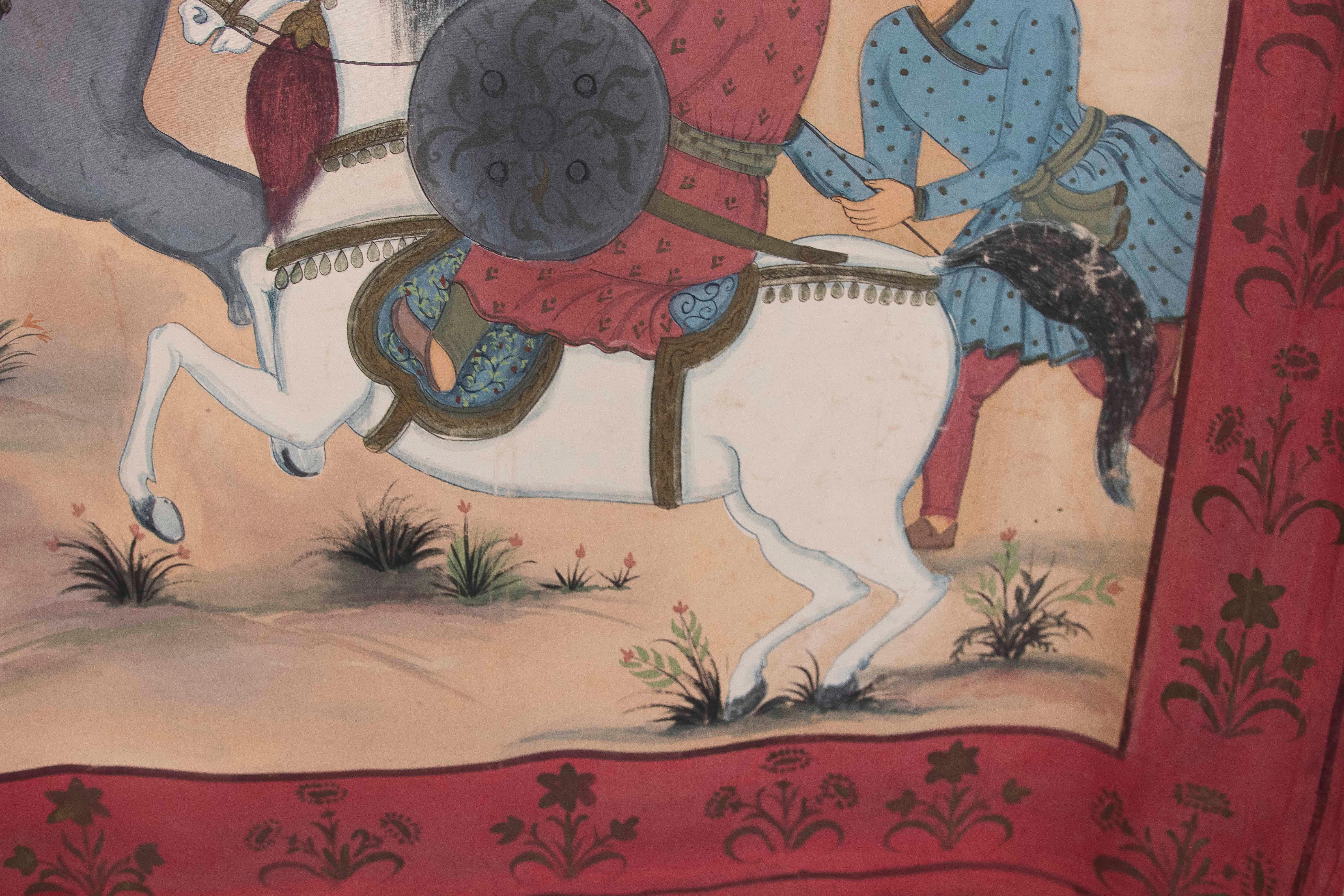 Peinture de chasse d'un tigre avec un éléphant et des ornements chantournés bordant la scène en vente 8