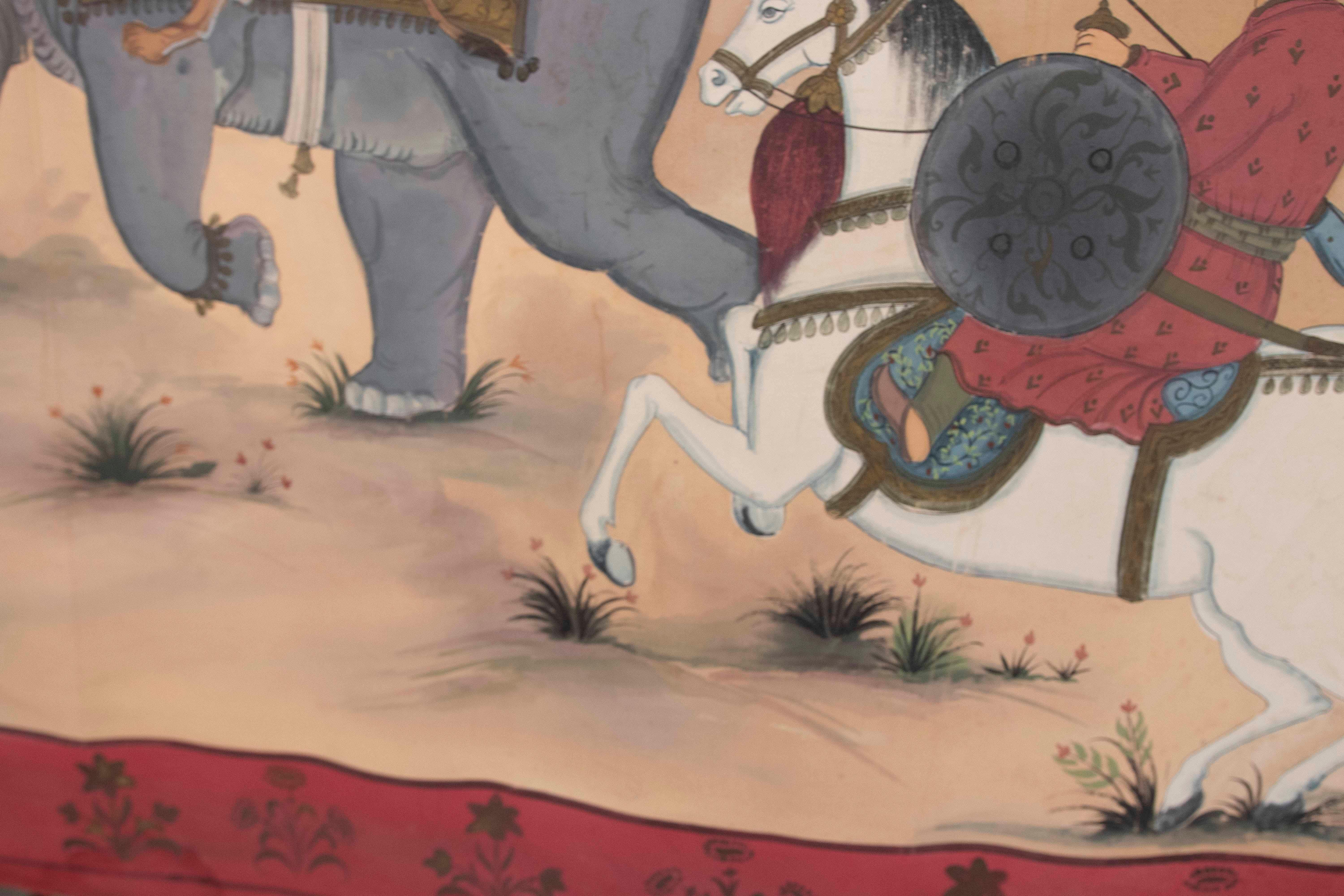 Peinture de chasse d'un tigre avec un éléphant et des ornements chantournés bordant la scène en vente 9