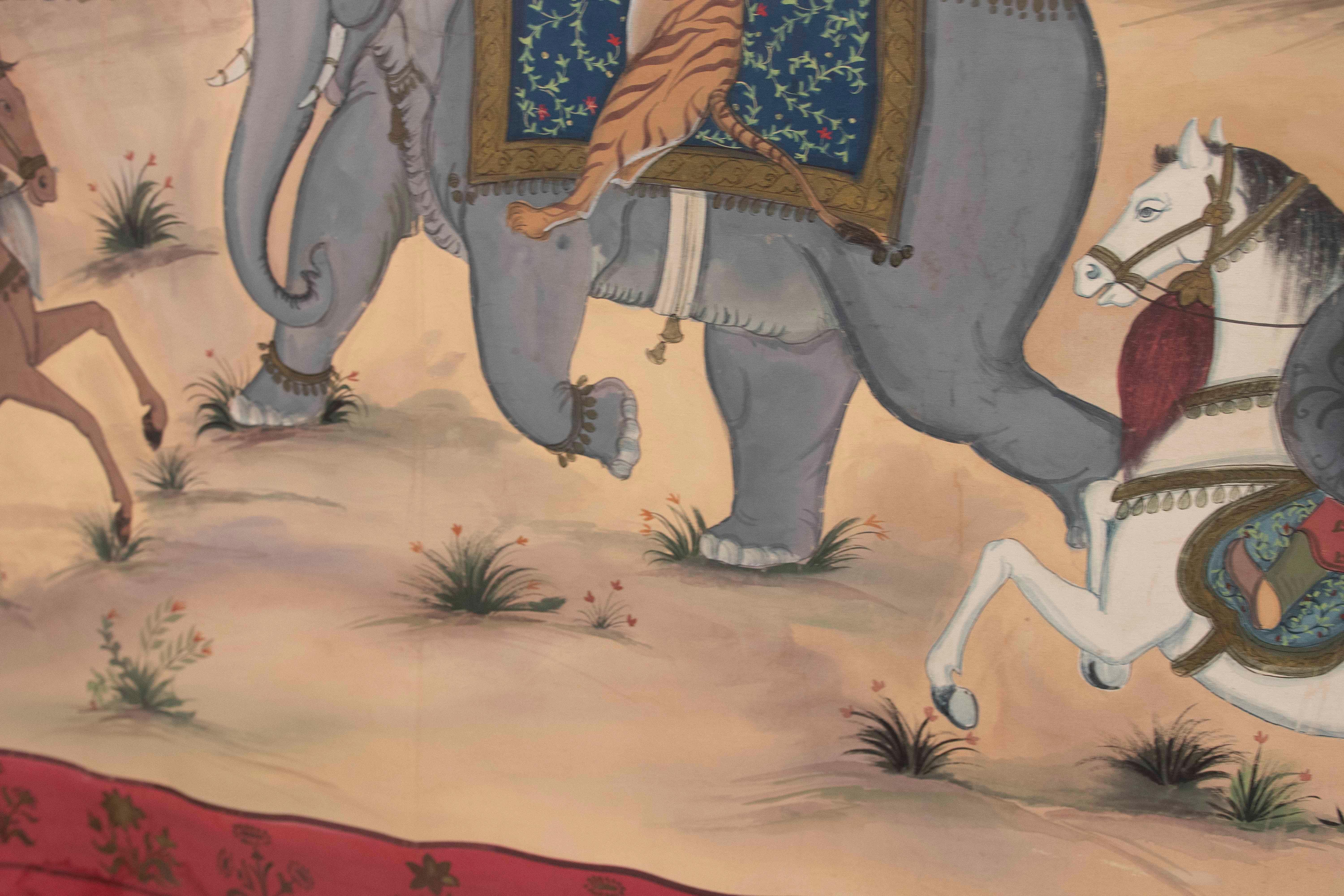 Peinture de chasse d'un tigre avec un éléphant et des ornements chantournés bordant la scène en vente 10