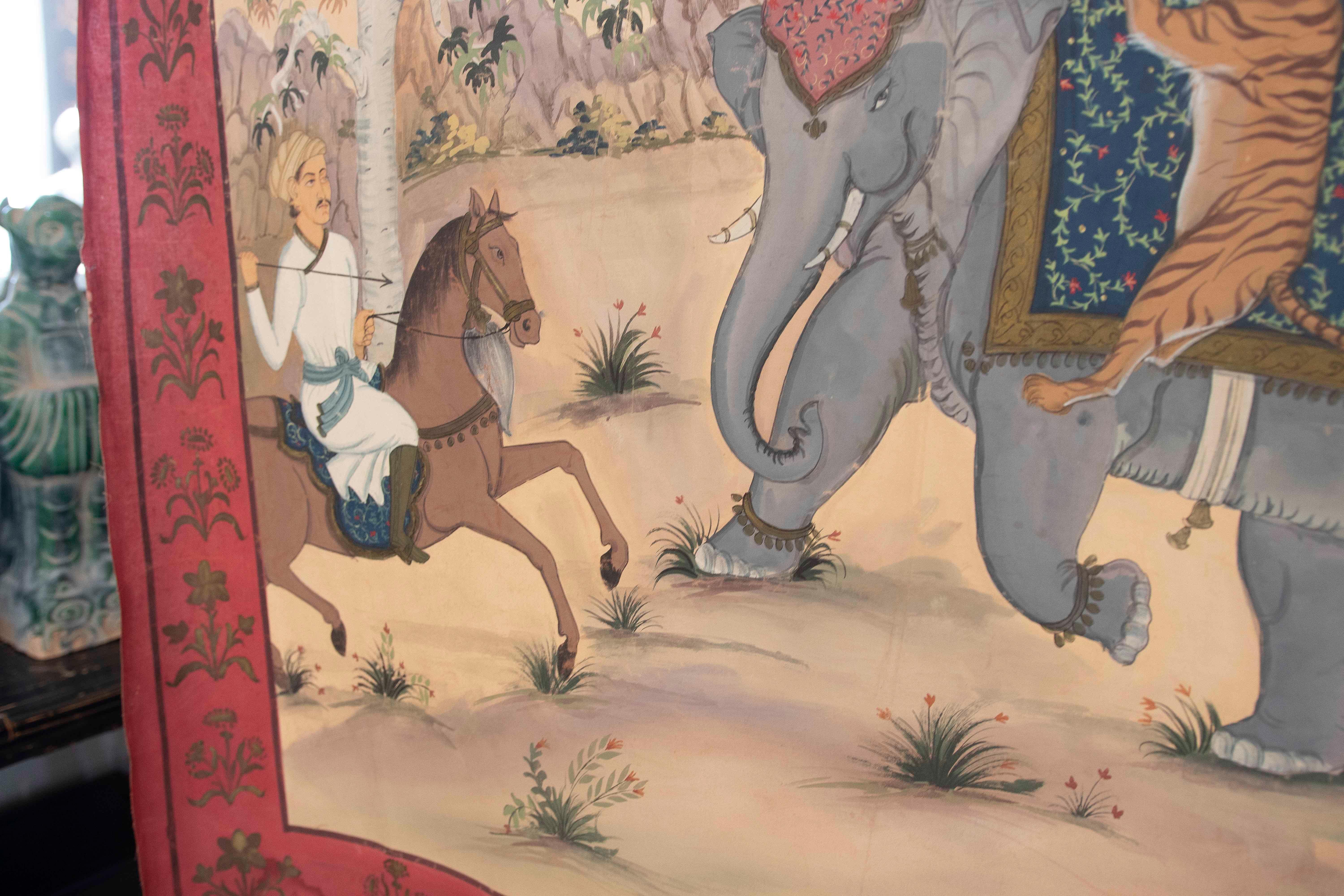 Peinture de chasse d'un tigre avec un éléphant et des ornements chantournés bordant la scène en vente 11