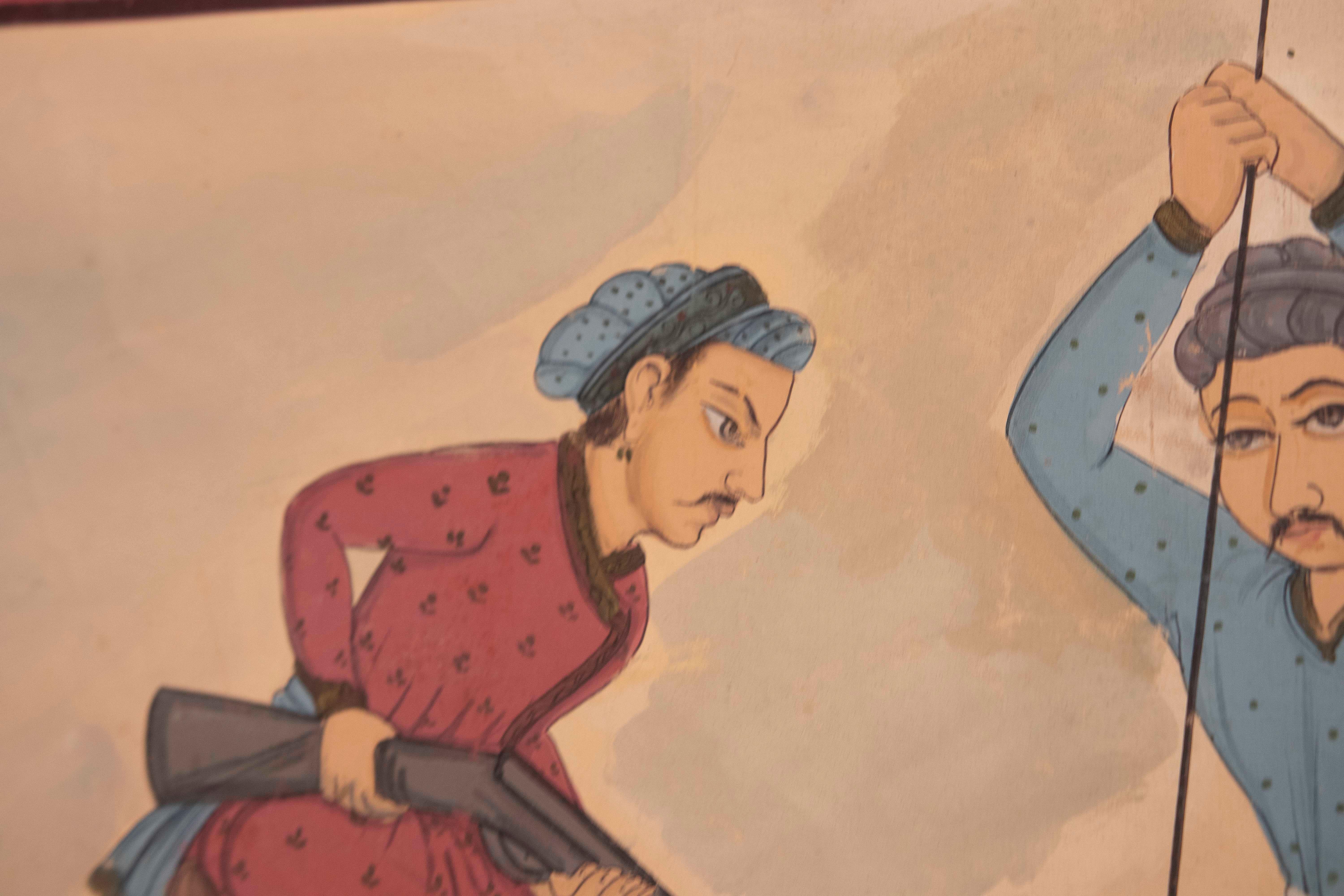Peinture de chasse d'un tigre avec un éléphant et des ornements chantournés bordant la scène en vente 13