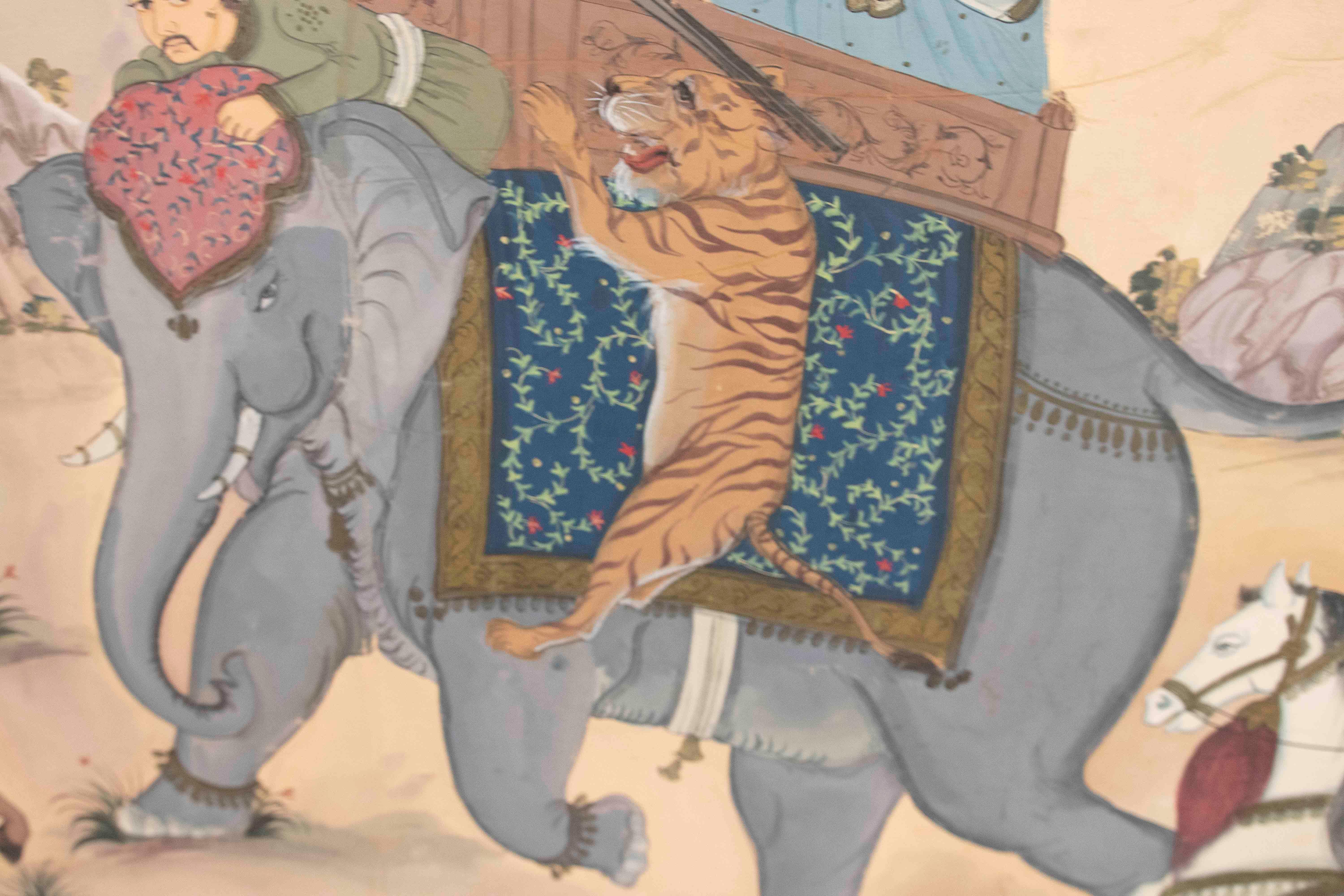 Peint à la main Peinture de chasse d'un tigre avec un éléphant et des ornements chantournés bordant la scène en vente