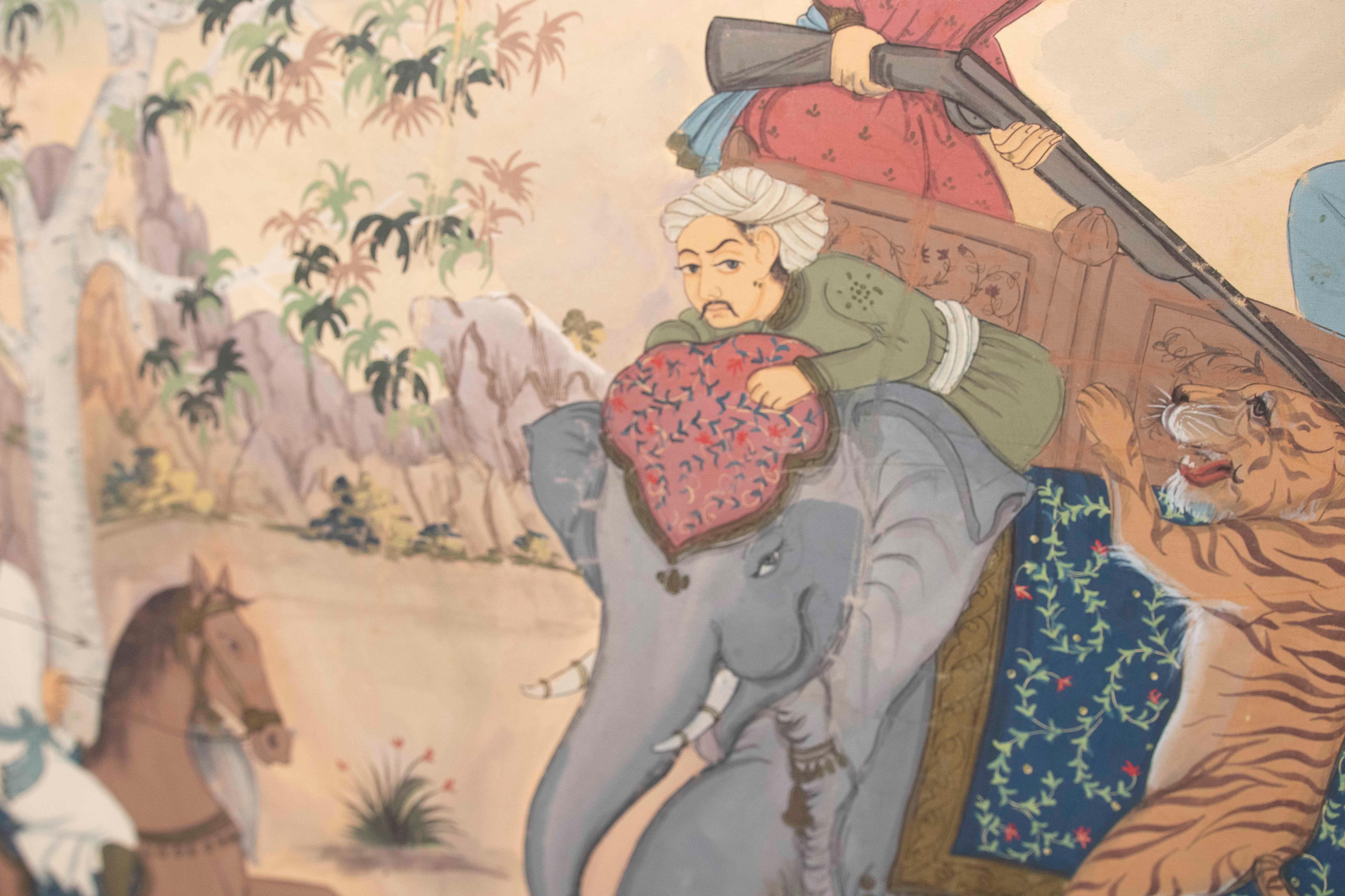 Peinture de chasse d'un tigre avec un éléphant et des ornements chantournés bordant la scène Bon état - En vente à Marbella, ES