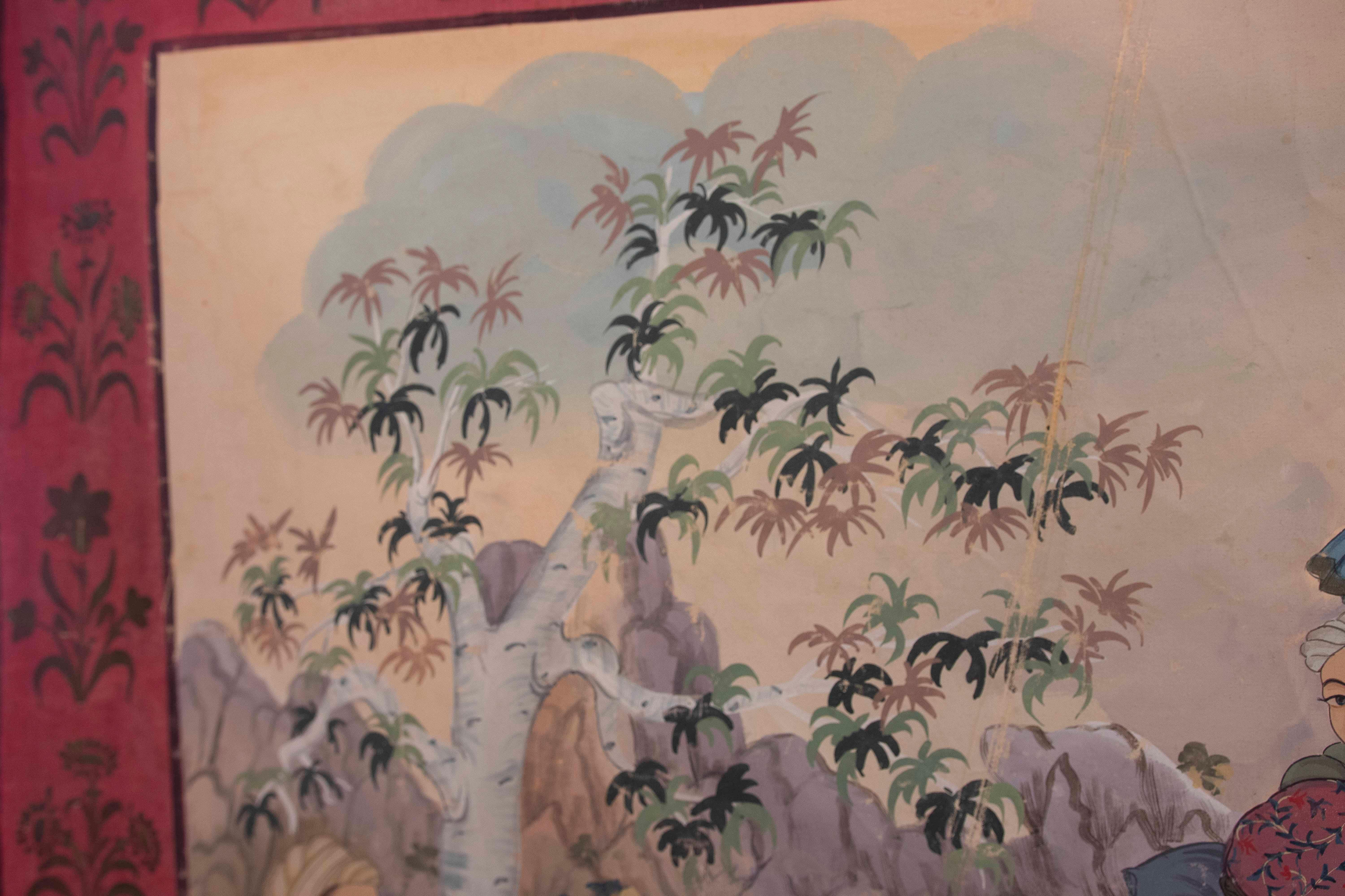Peinture de chasse d'un tigre avec un éléphant et des ornements chantournés bordant la scène en vente 1