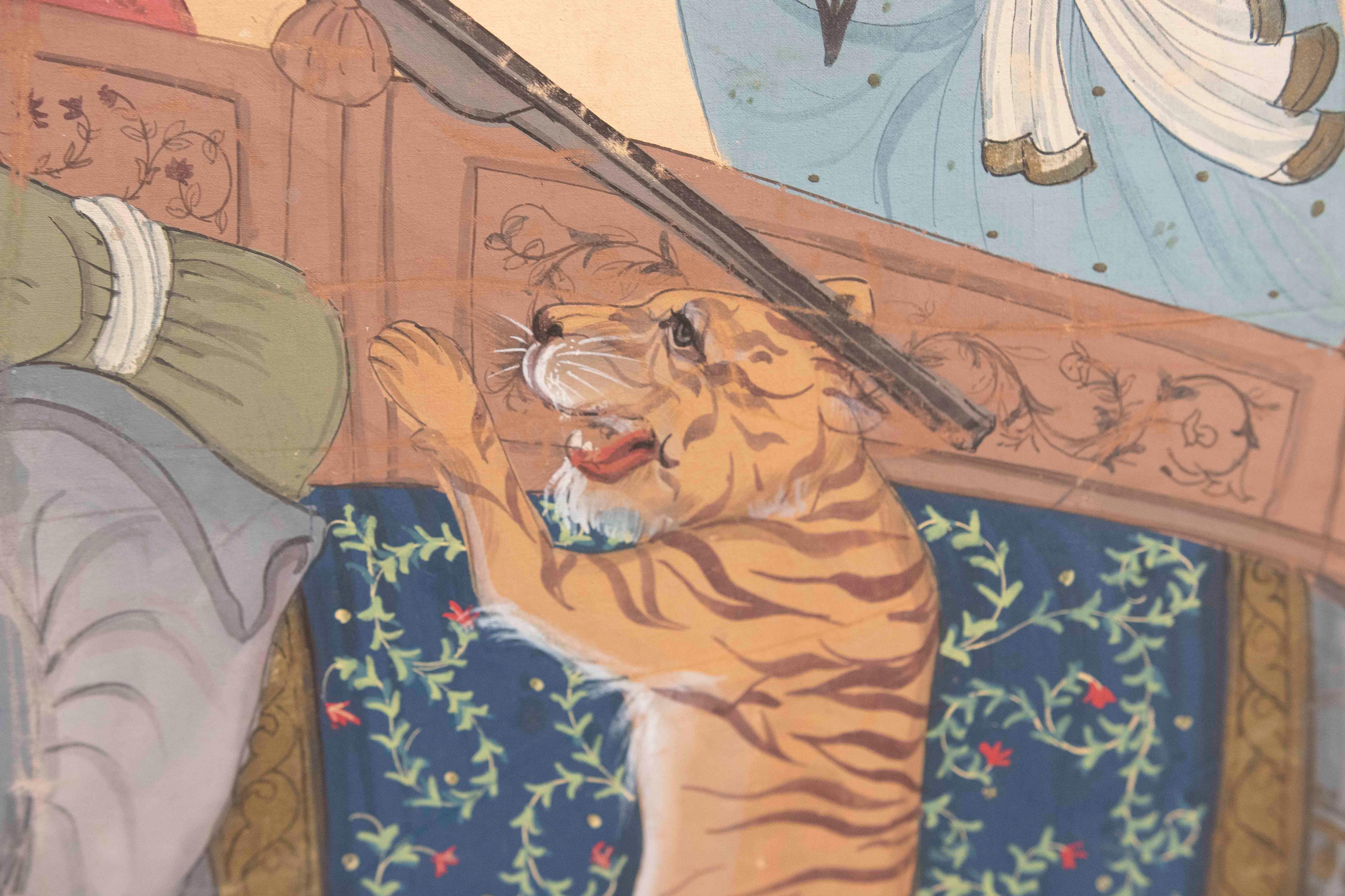 Peinture de chasse d'un tigre avec un éléphant et des ornements chantournés bordant la scène en vente 3
