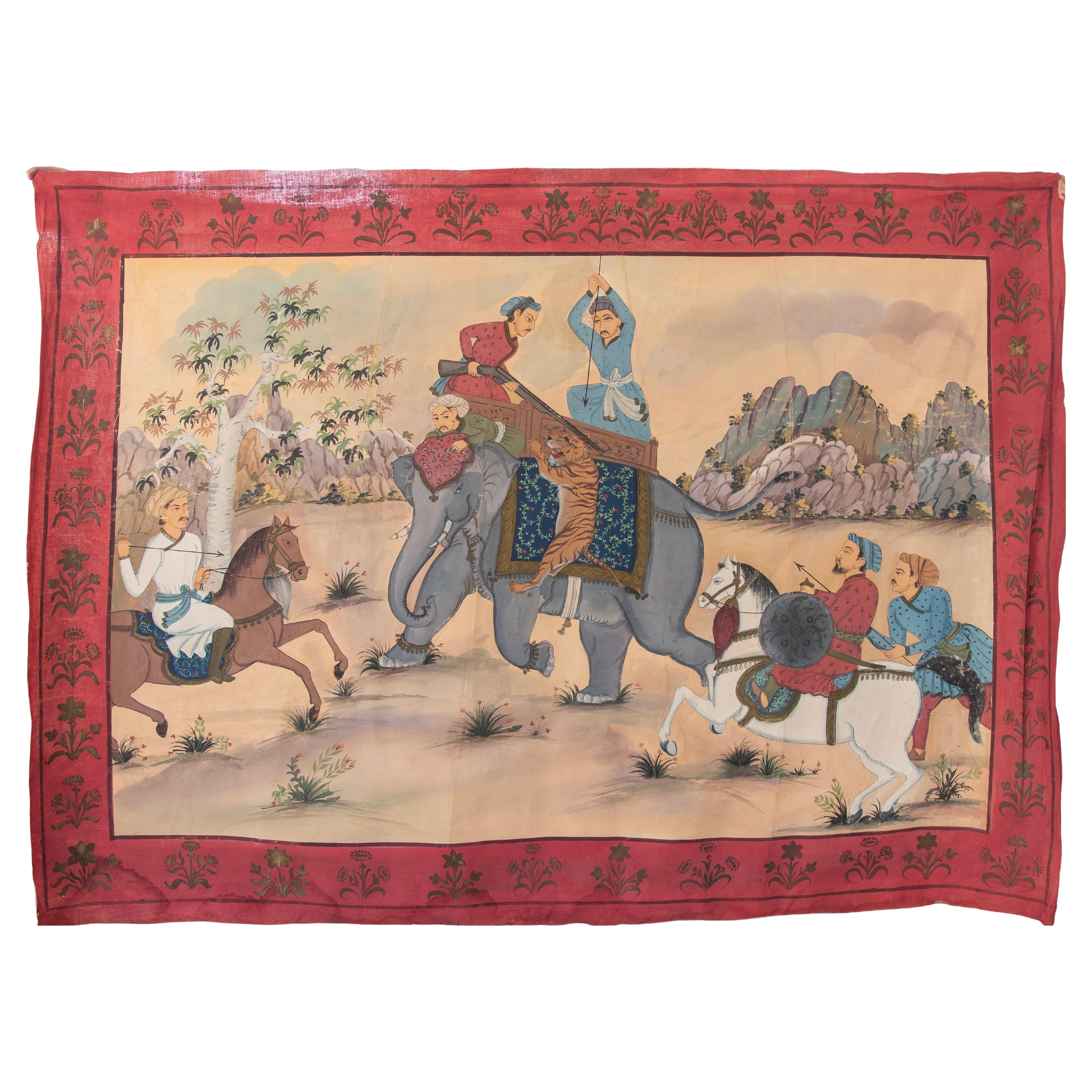 Indu Hunting Painting of Tiger with Elephant and Fretwork Bordering the Scene