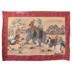 Vintage Indu Hunting Painting of Tiger with Elephant and Fretwork Bordering the Scene
