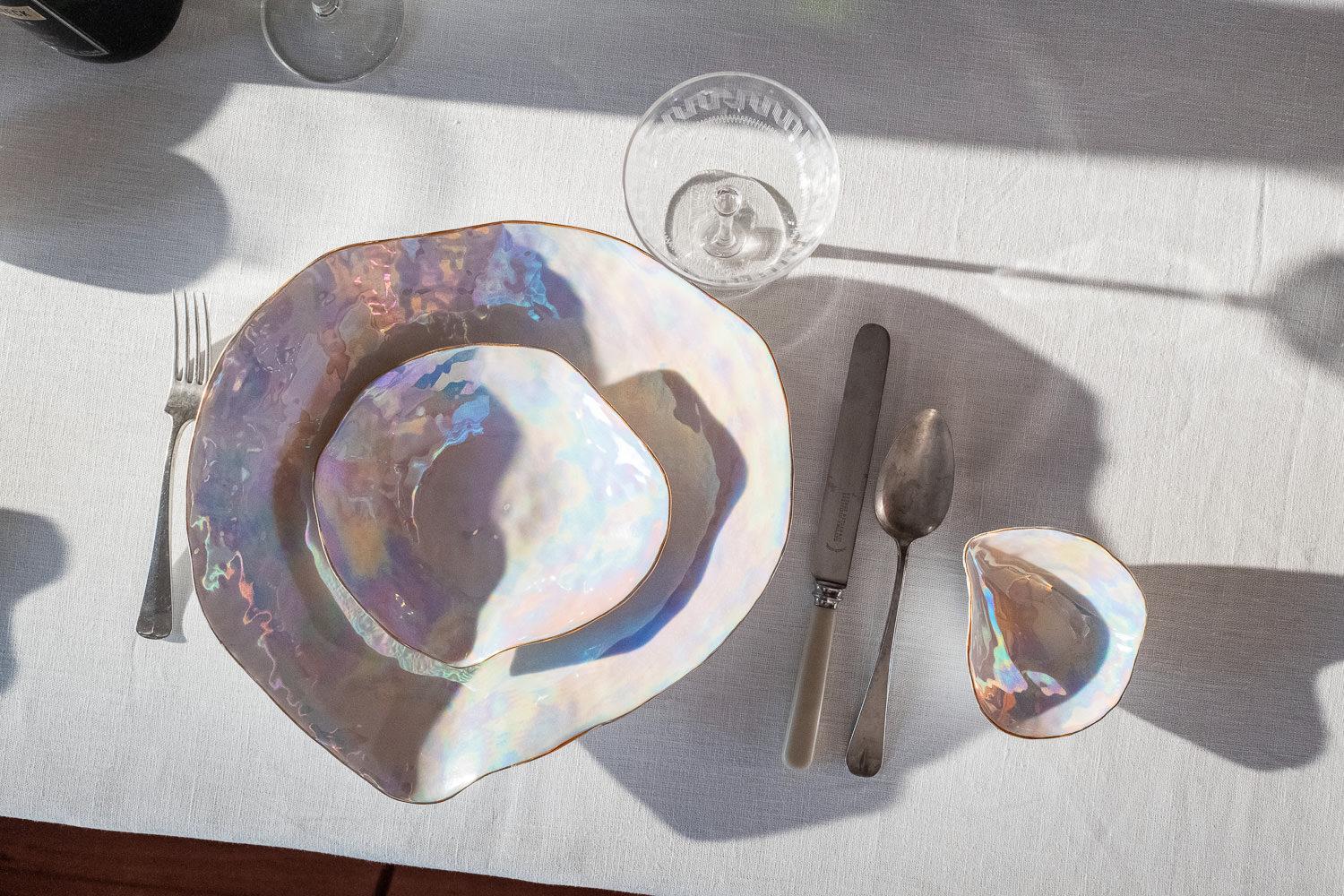 French Indulge Nº6/ Iridescent + Golden Rim / Large Plate, Handmade Porcelain Tableware For Sale