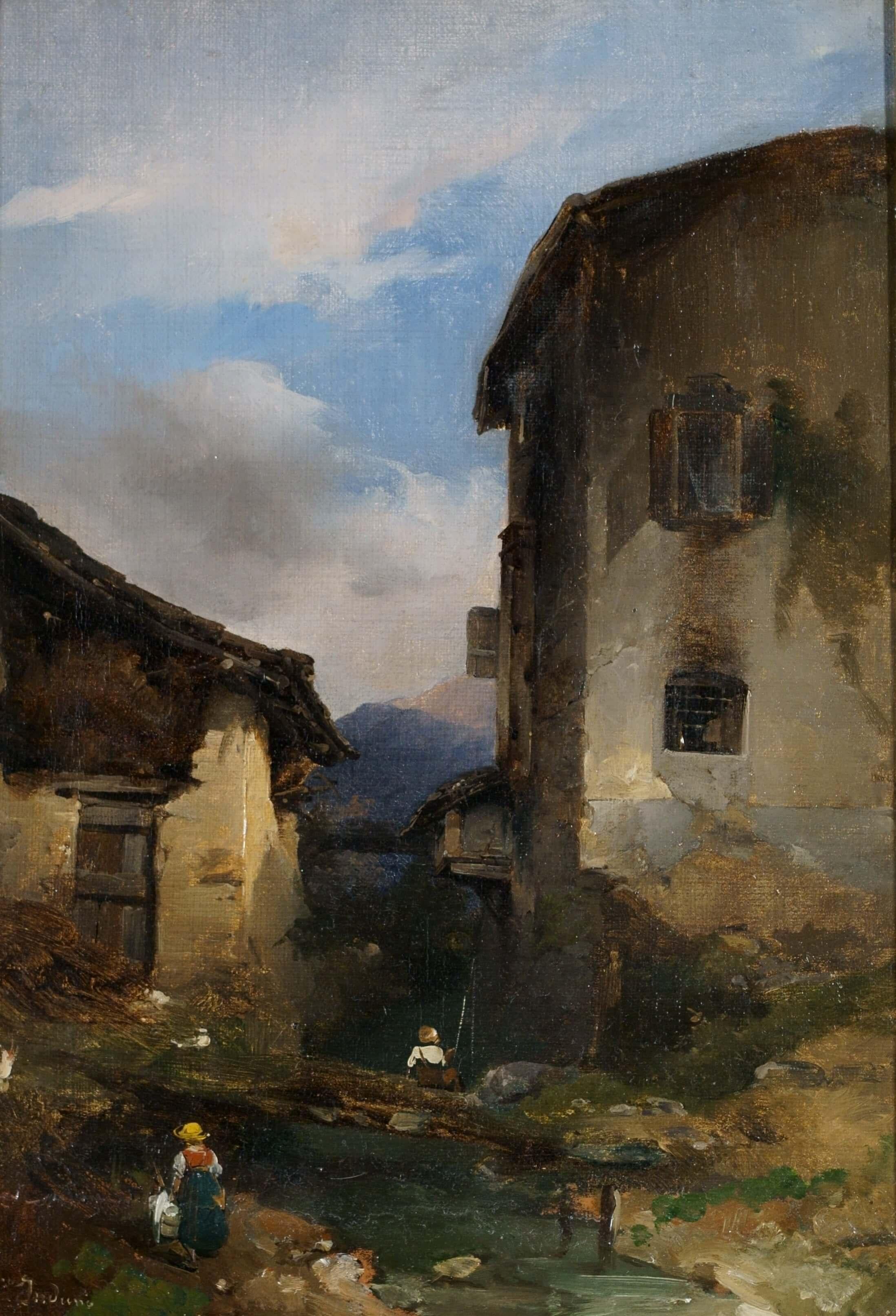 campesinos a la entrada de un pueblo' Escuela italiana del siglo XIX - Painting de Induno Domenico