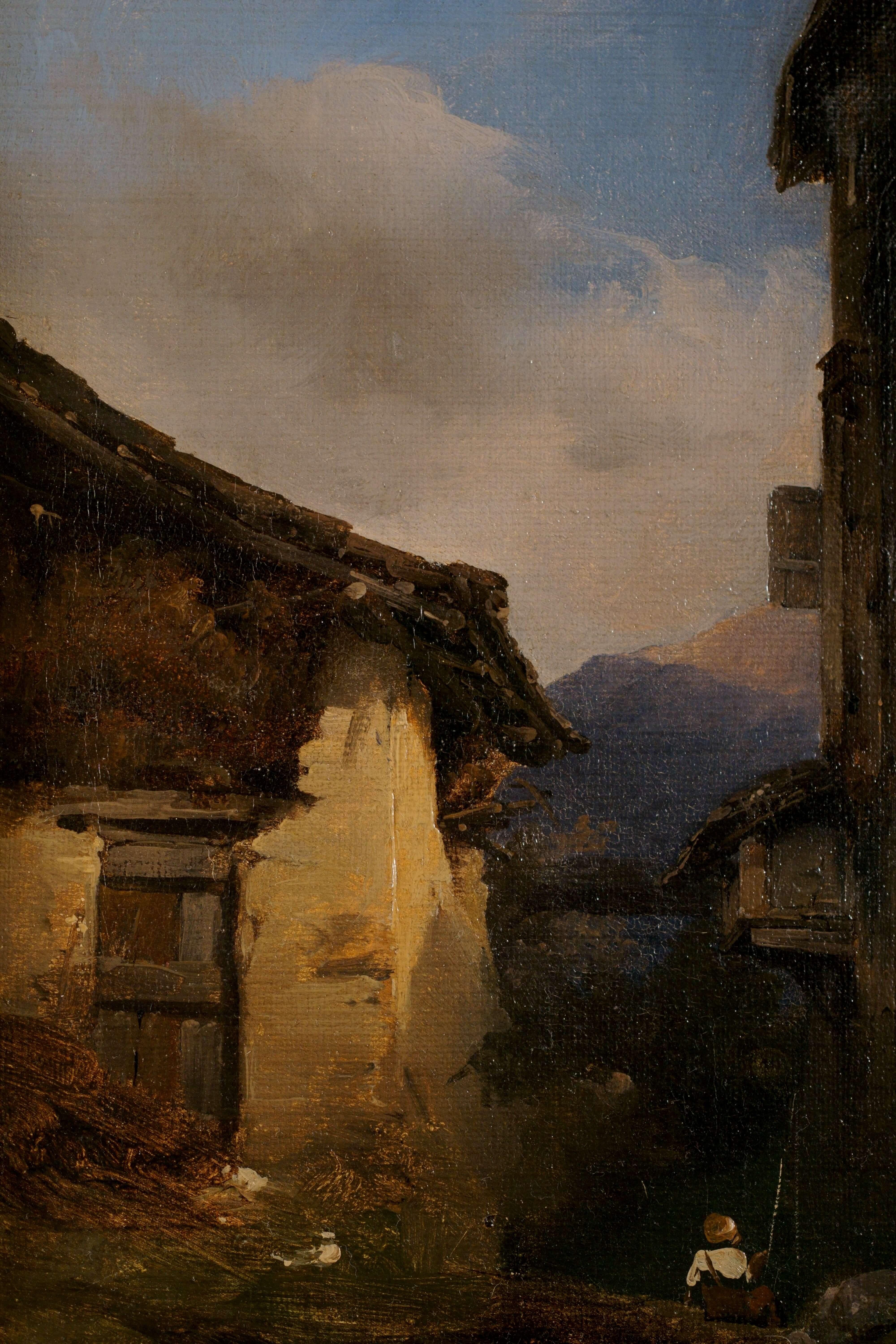 campesinos a la entrada de un pueblo' Escuela italiana del siglo XIX - Landscape Painting Brown de Induno Domenico