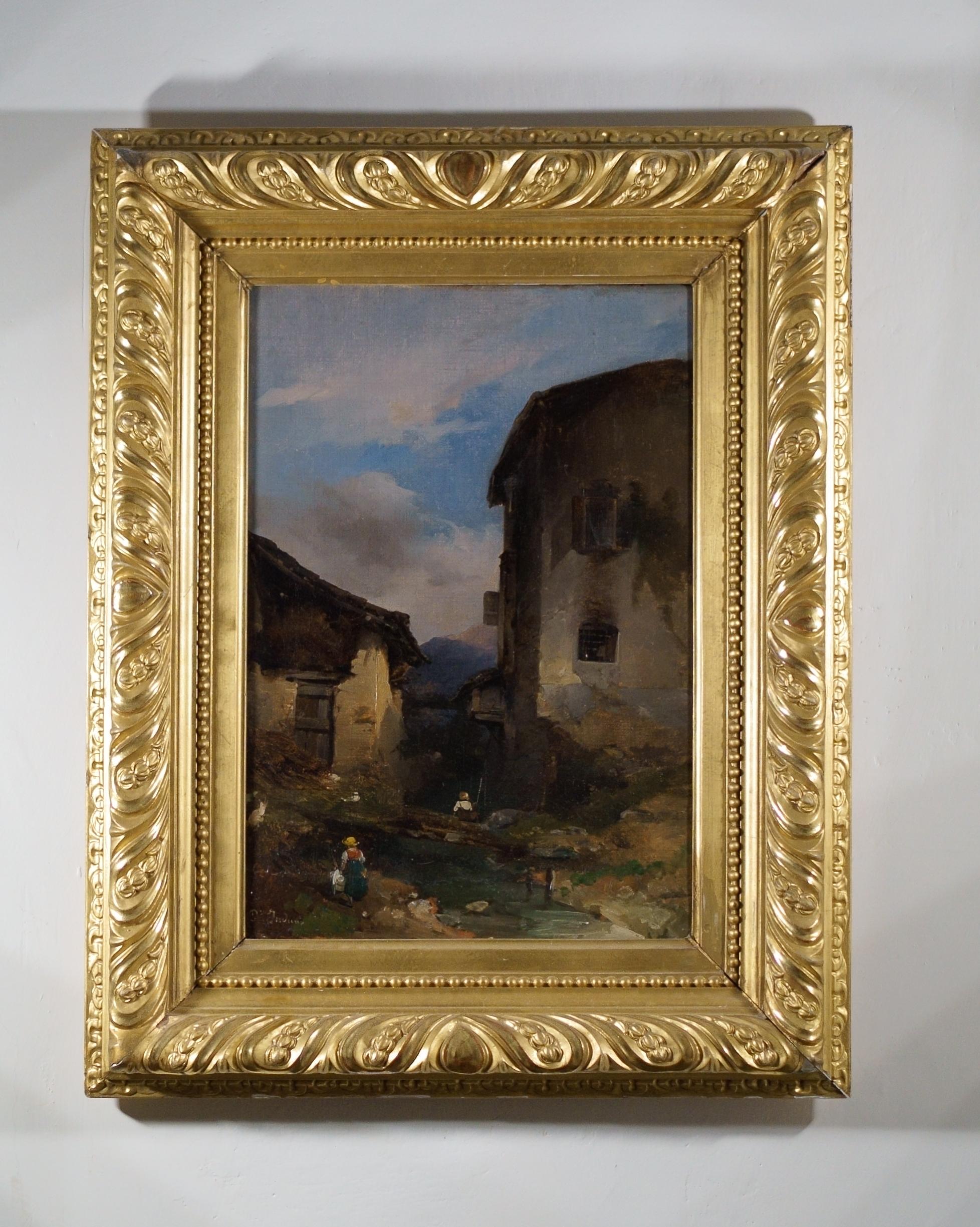 "Peasants at the entrance to a village" 19th century Italian school