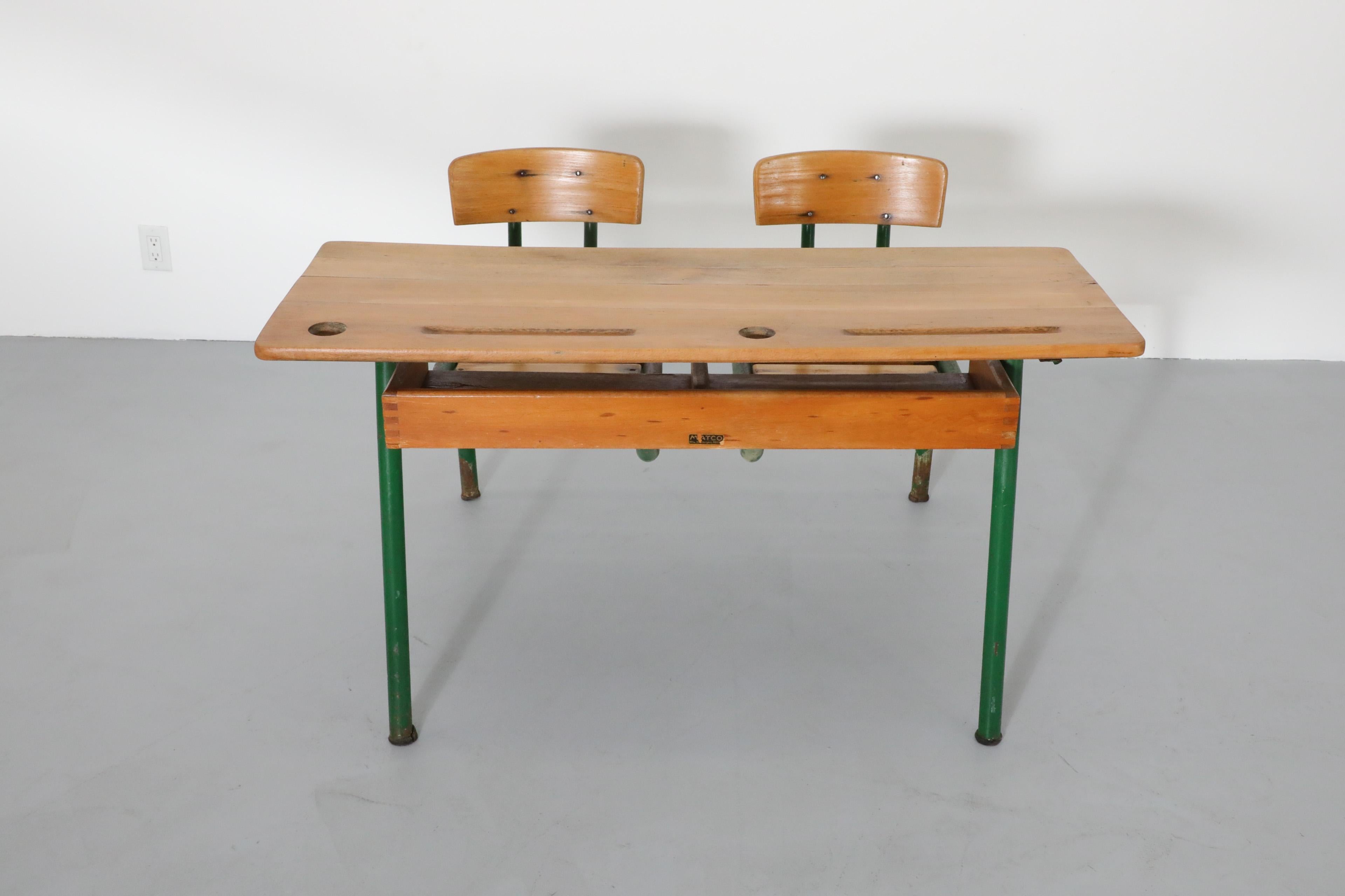 Industrial 1950s French Tandem School Desk by Matco For Sale 2