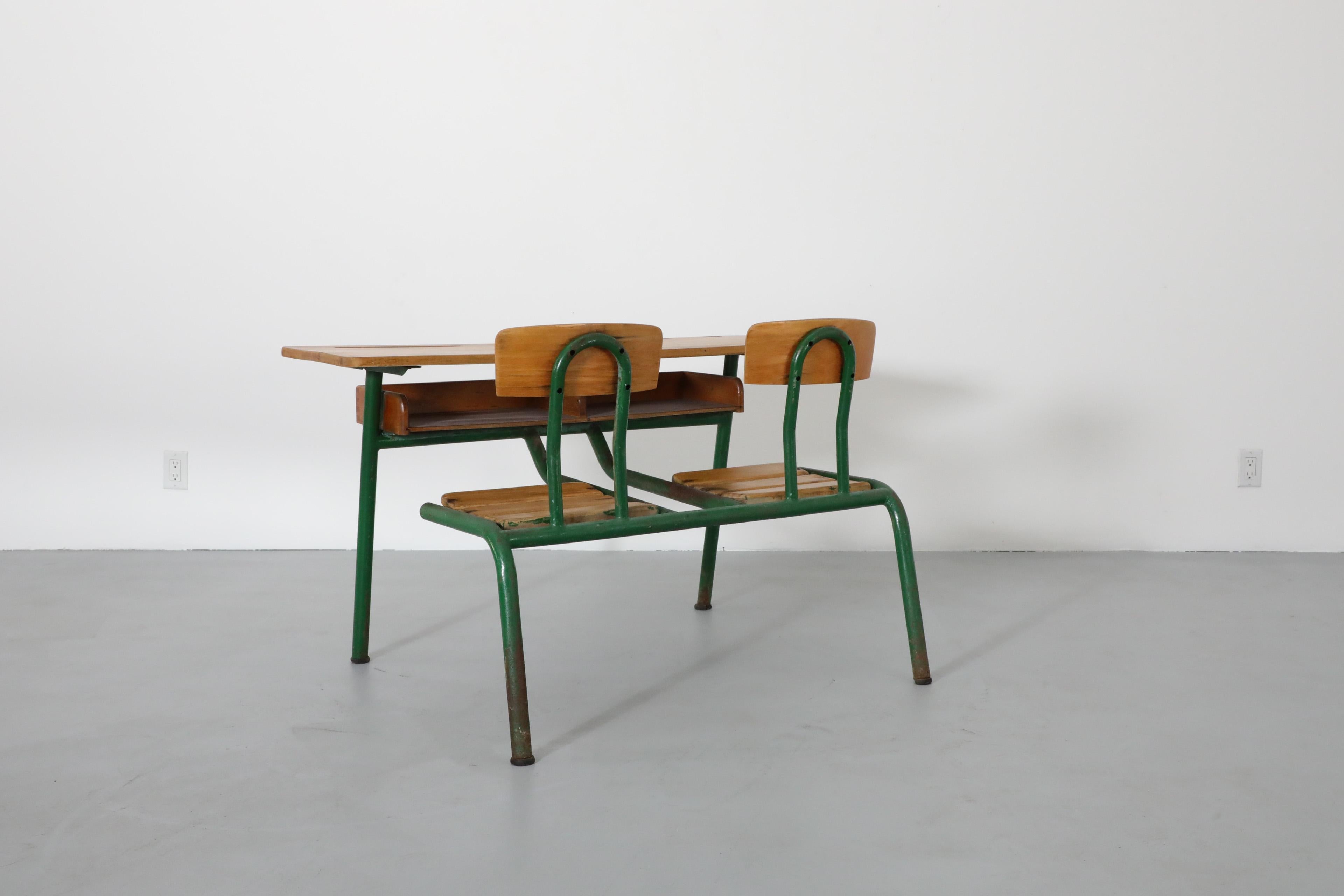 Industrial 1950s French Tandem School Desk by Matco For Sale 3
