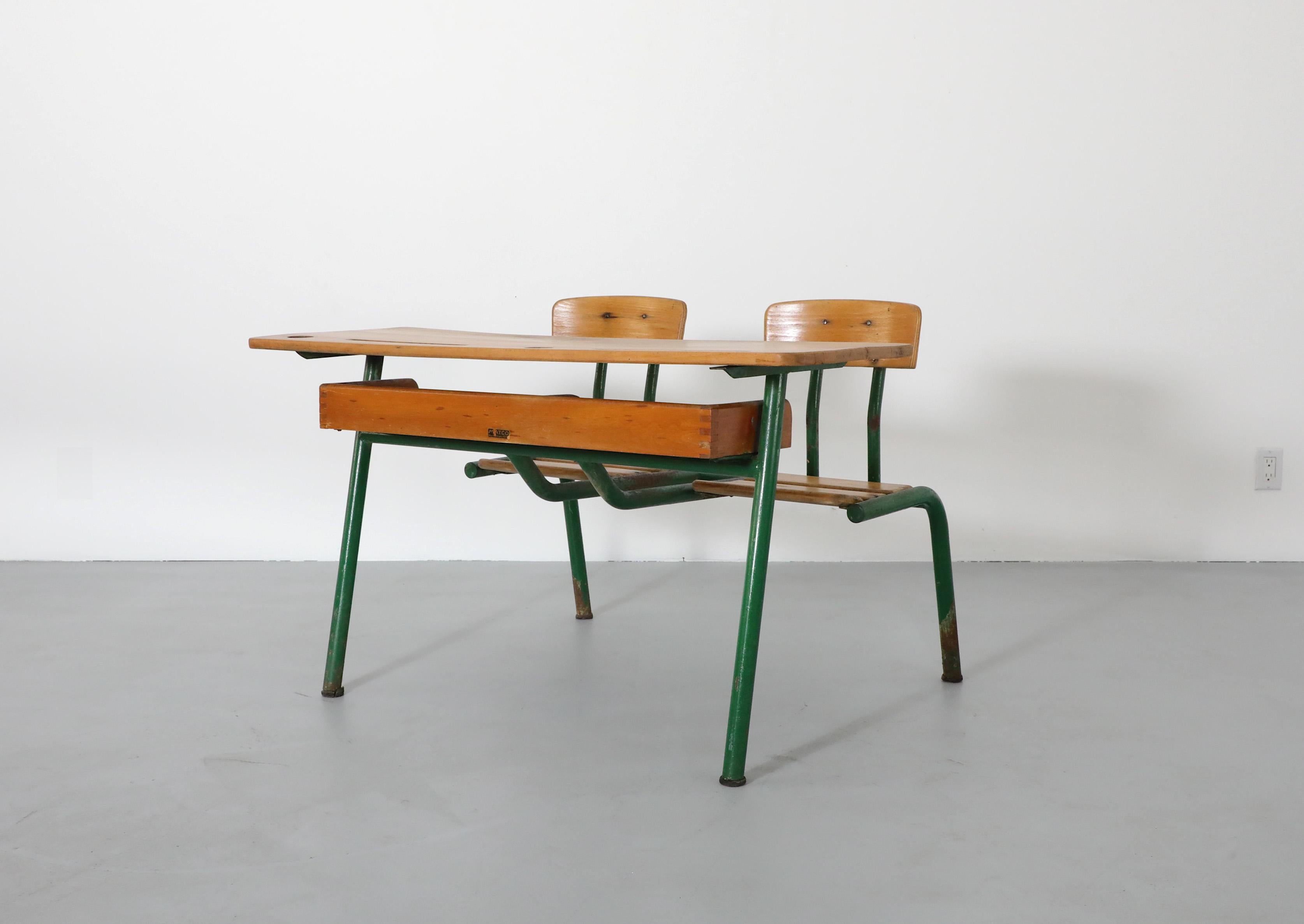 Industrial 1950s French Tandem School Desk by Matco For Sale 4