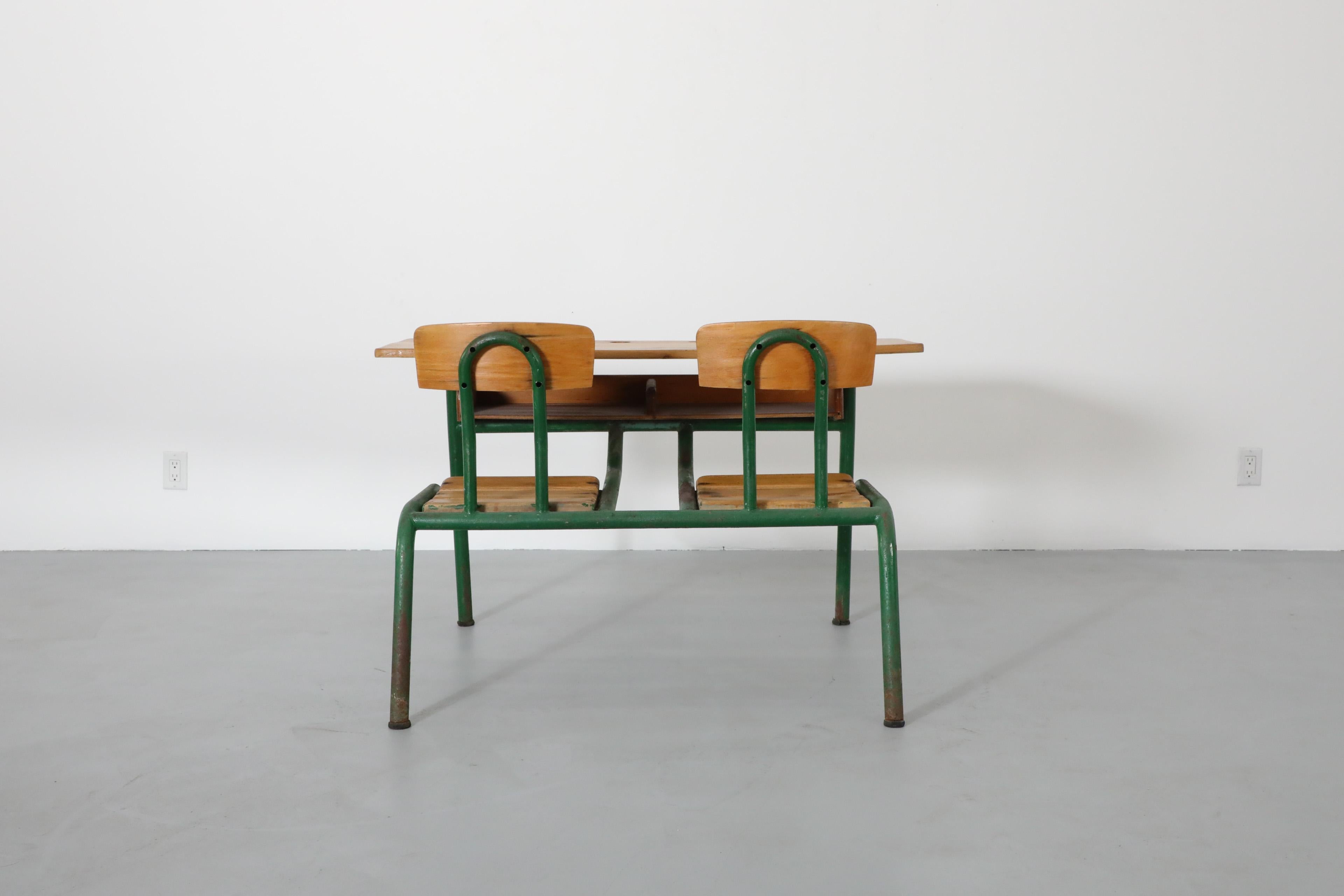 Enameled Industrial 1950s French Tandem School Desk by Matco