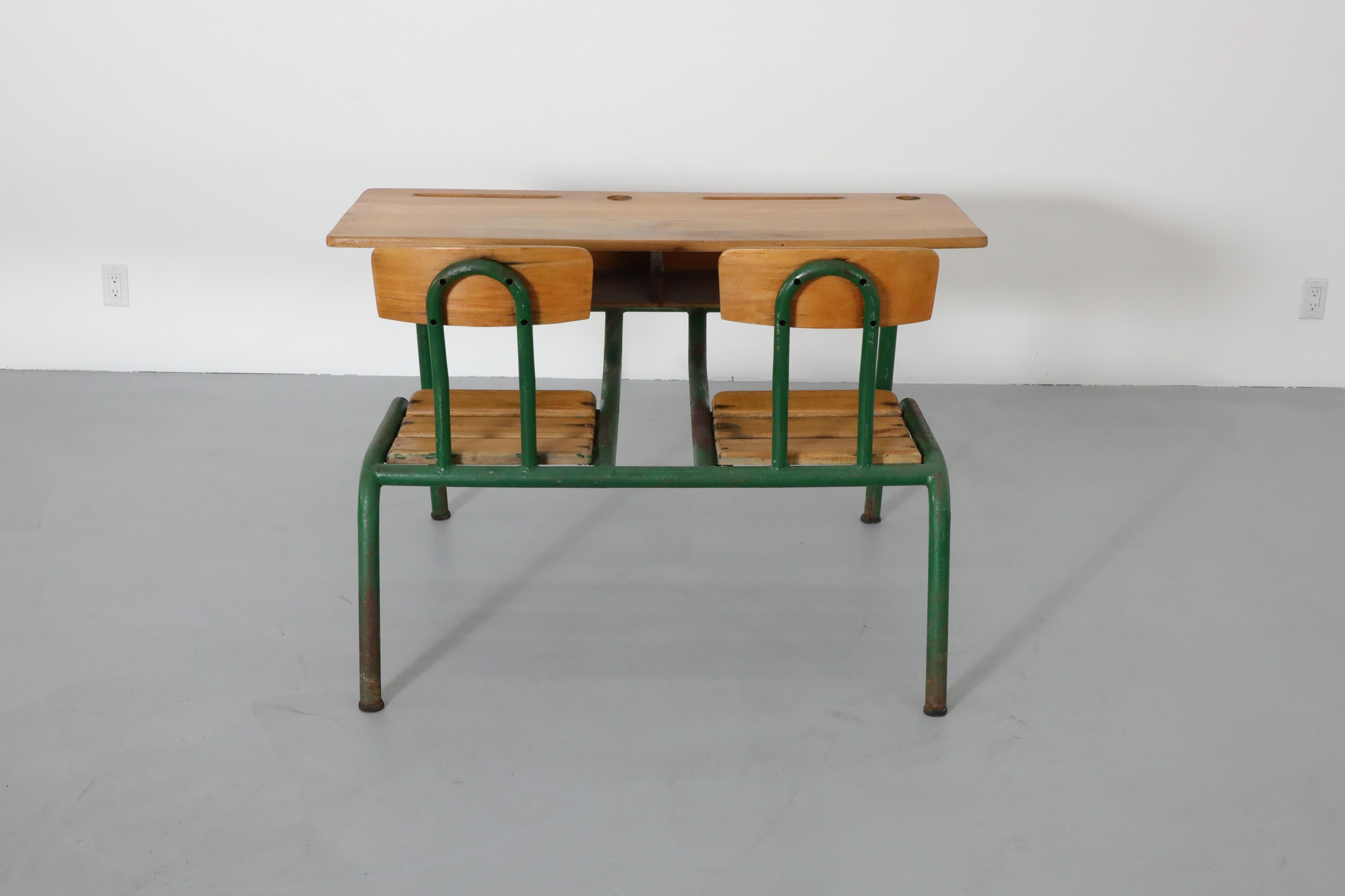 Enameled Industrial 1950s French Tandem School Desk by Matco For Sale