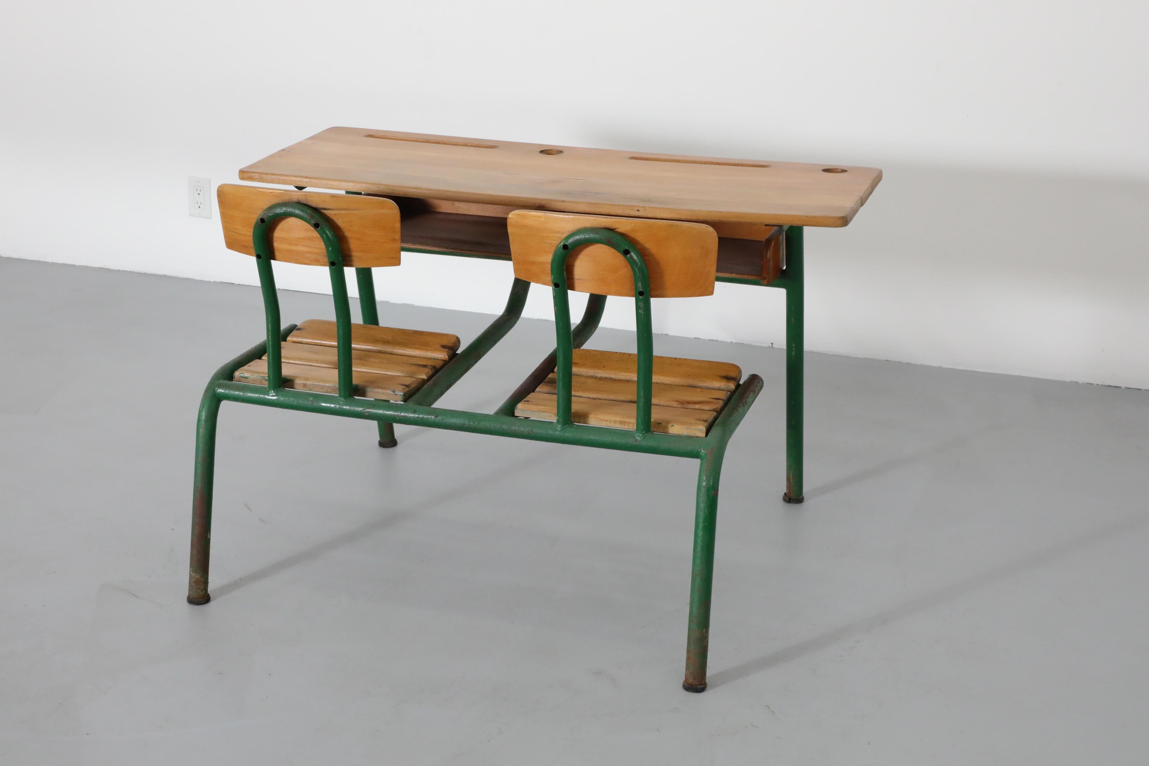 Industrial 1950s French Tandem School Desk by Matco In Good Condition For Sale In Los Angeles, CA