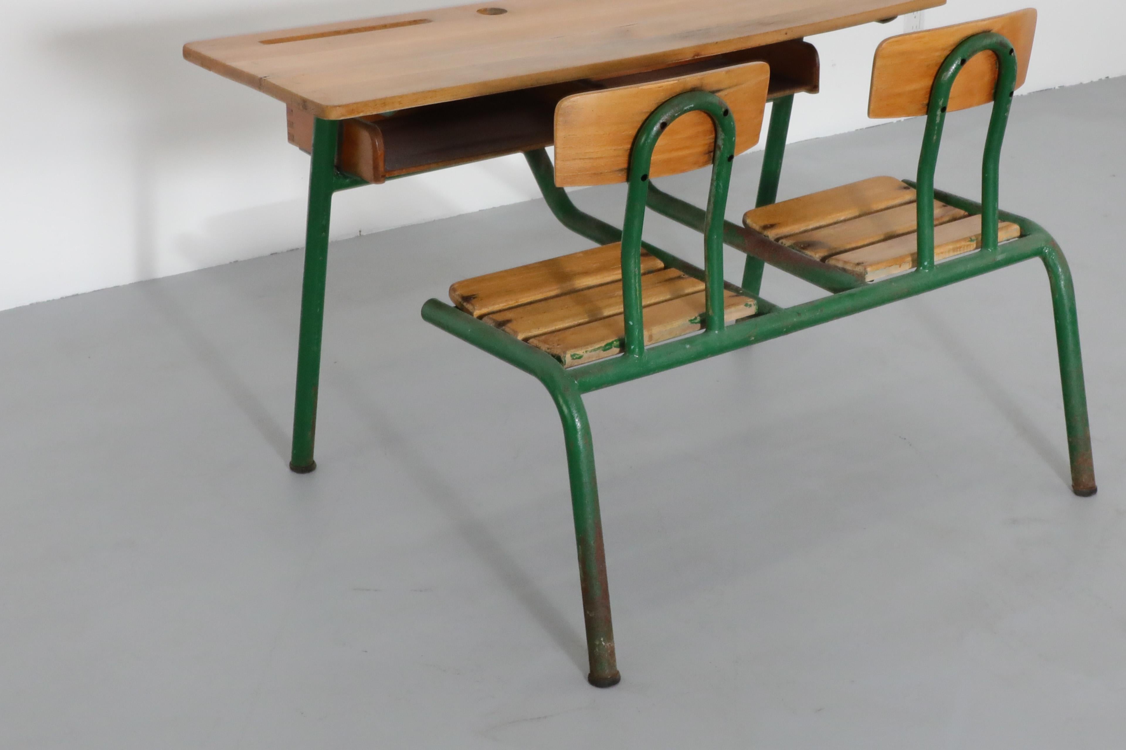 Mid-20th Century Industrial 1950s French Tandem School Desk by Matco For Sale