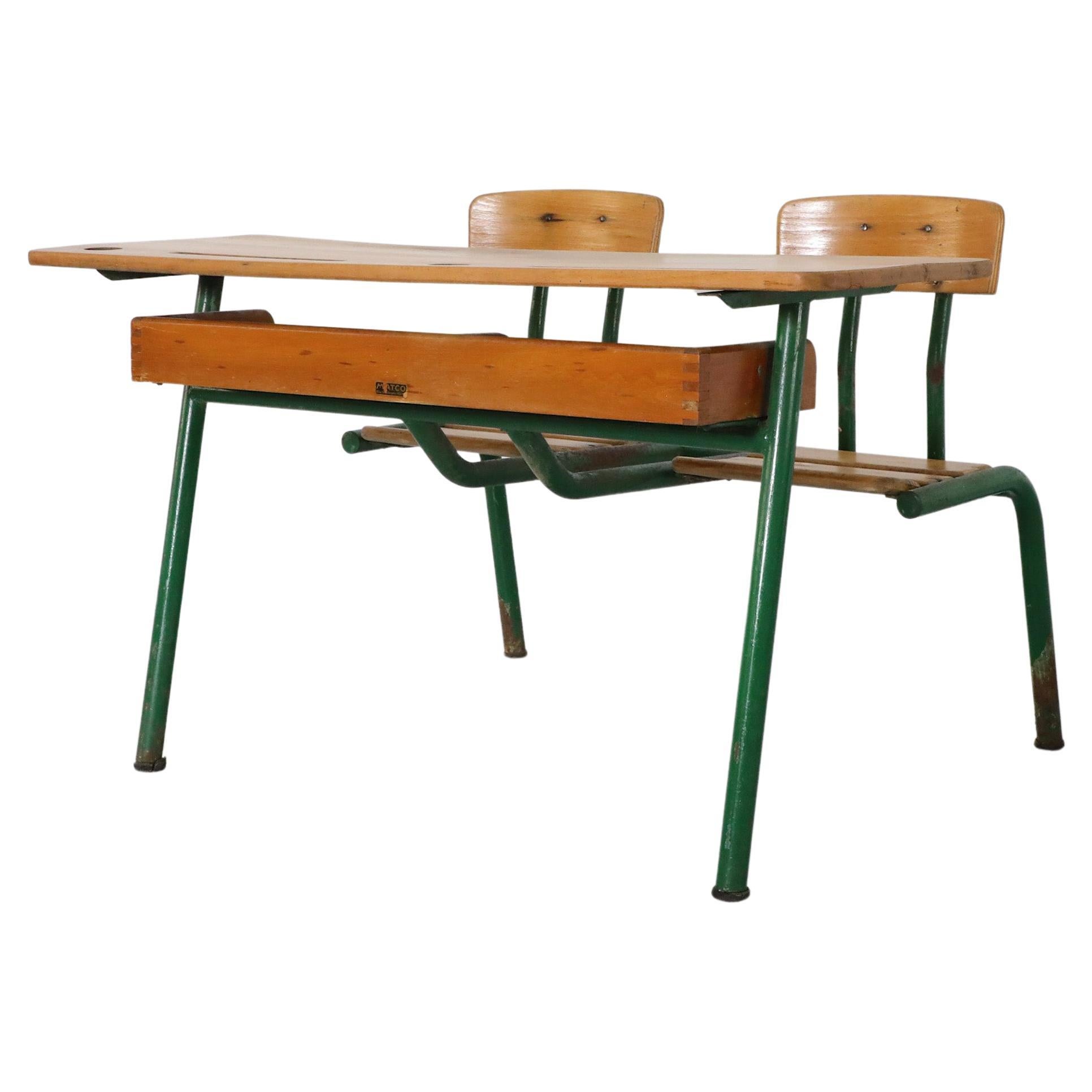 Industrial 1950s French Tandem School Desk by Matco For Sale