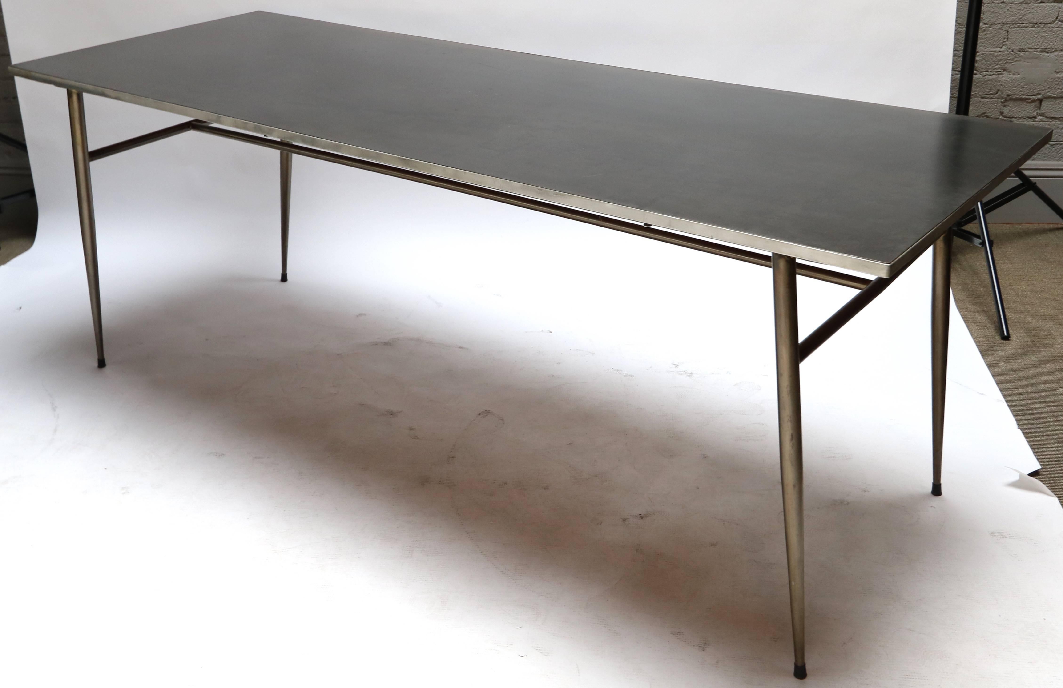 1950s steel Industrial dining table with black top.