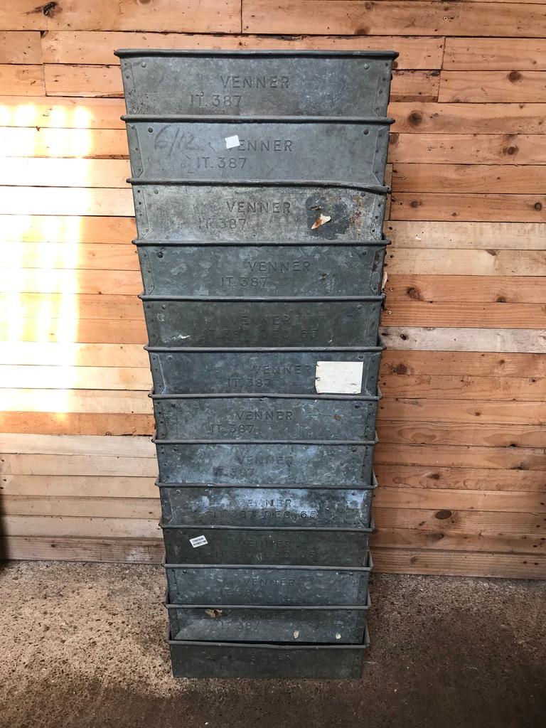 Mid-Century Modern Industrial 1965 Venner IT 387 Metal Zinc Stackable Storage Boxes or Wall Shelves For Sale
