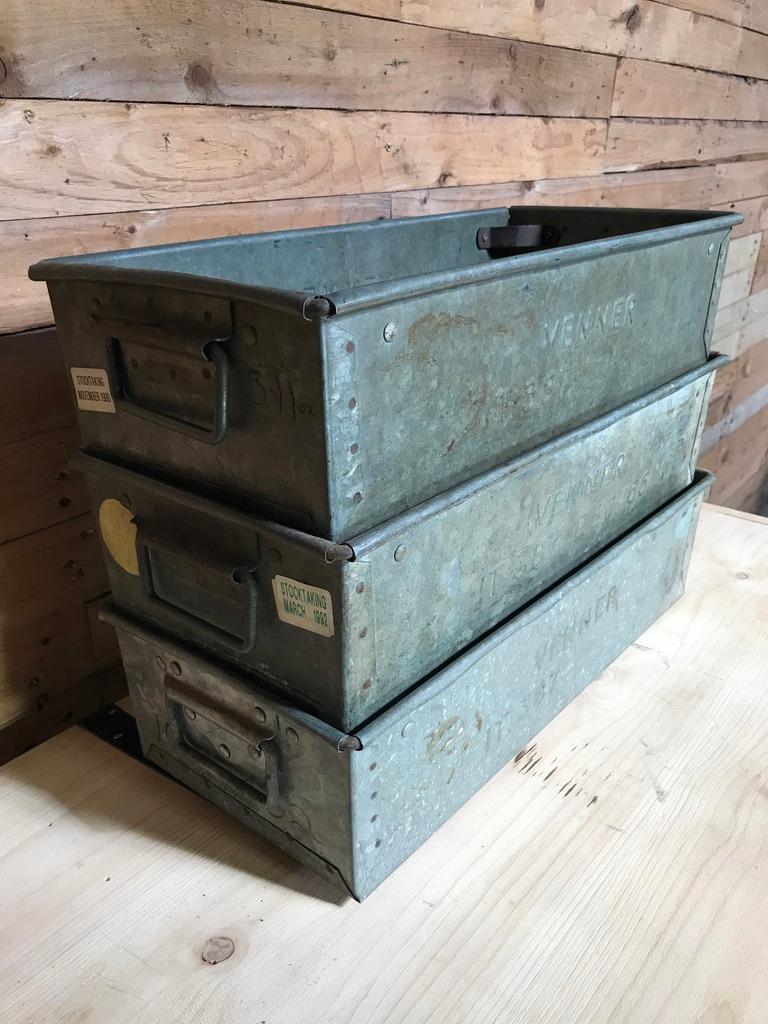 British Industrial 1965 Venner IT 387 Metal Zinc Stackable Storage Boxes or Wall Shelves For Sale