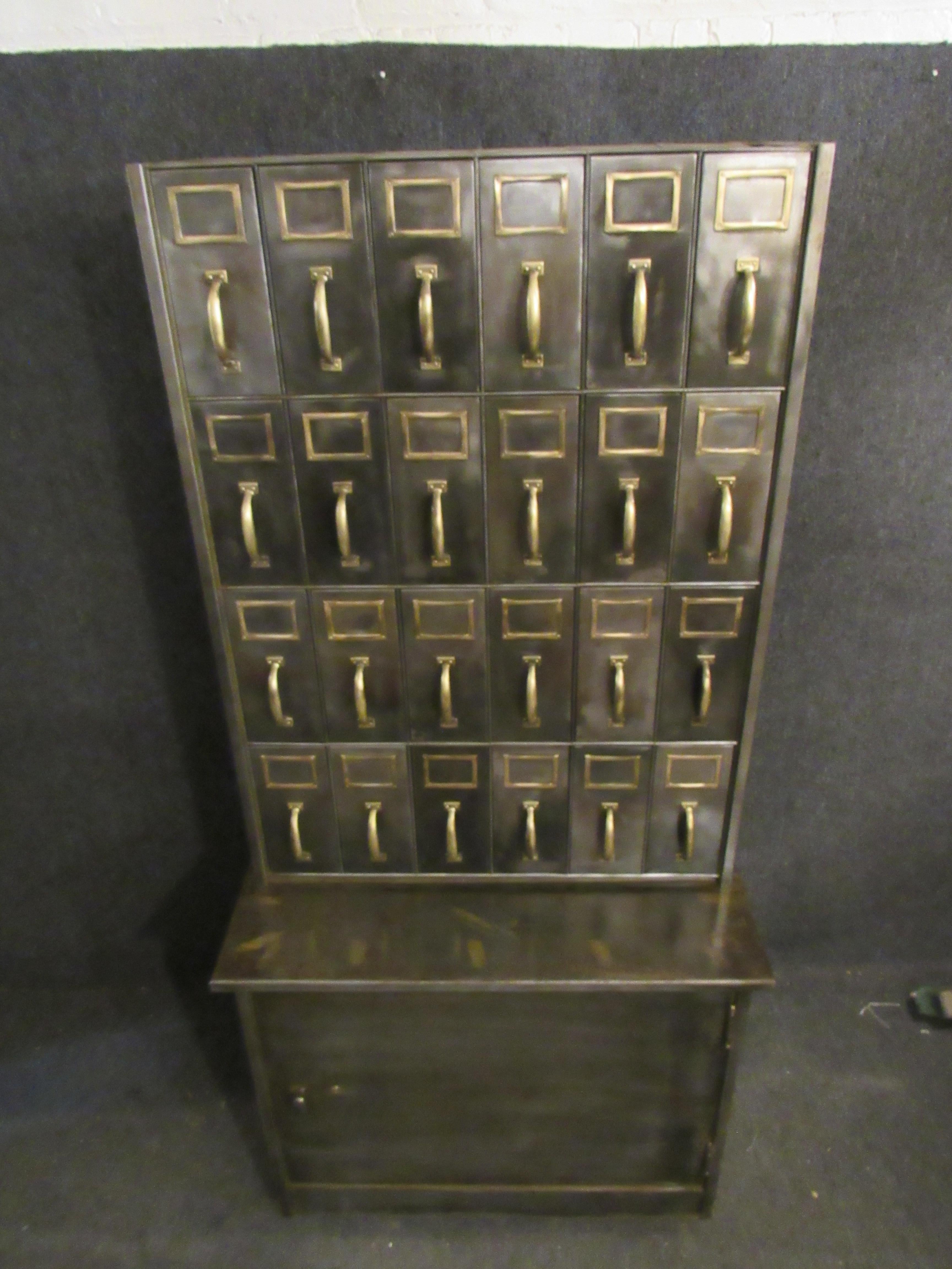 Brass Industrial 2-Piece Catalog Cabinet For Sale
