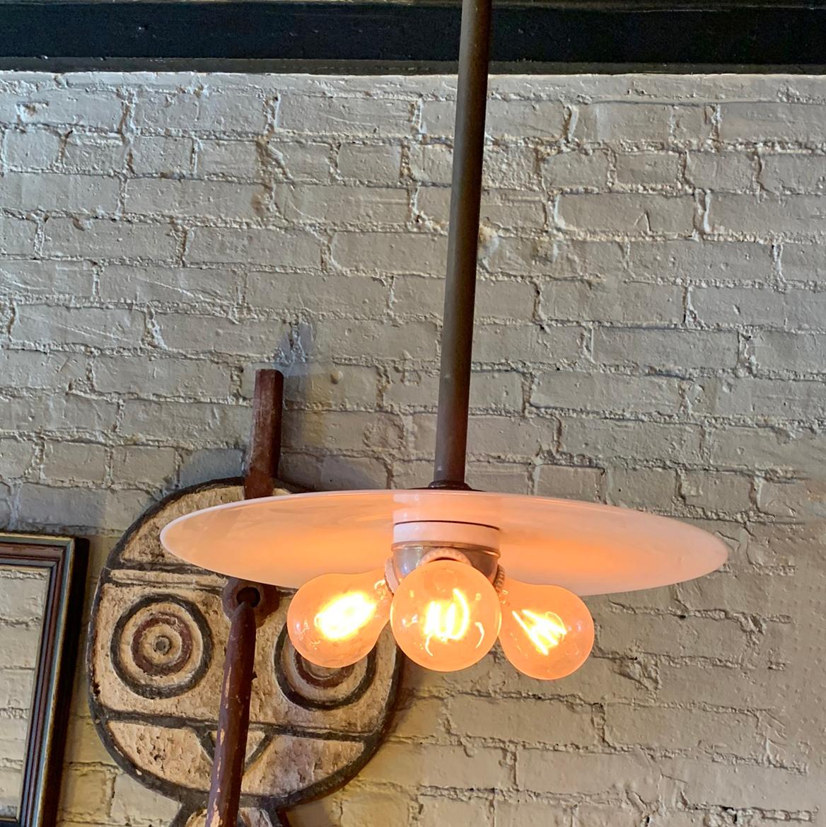 Industrial 3 Bulb Milk Glass Disc Pendant Light In Good Condition In Brooklyn, NY