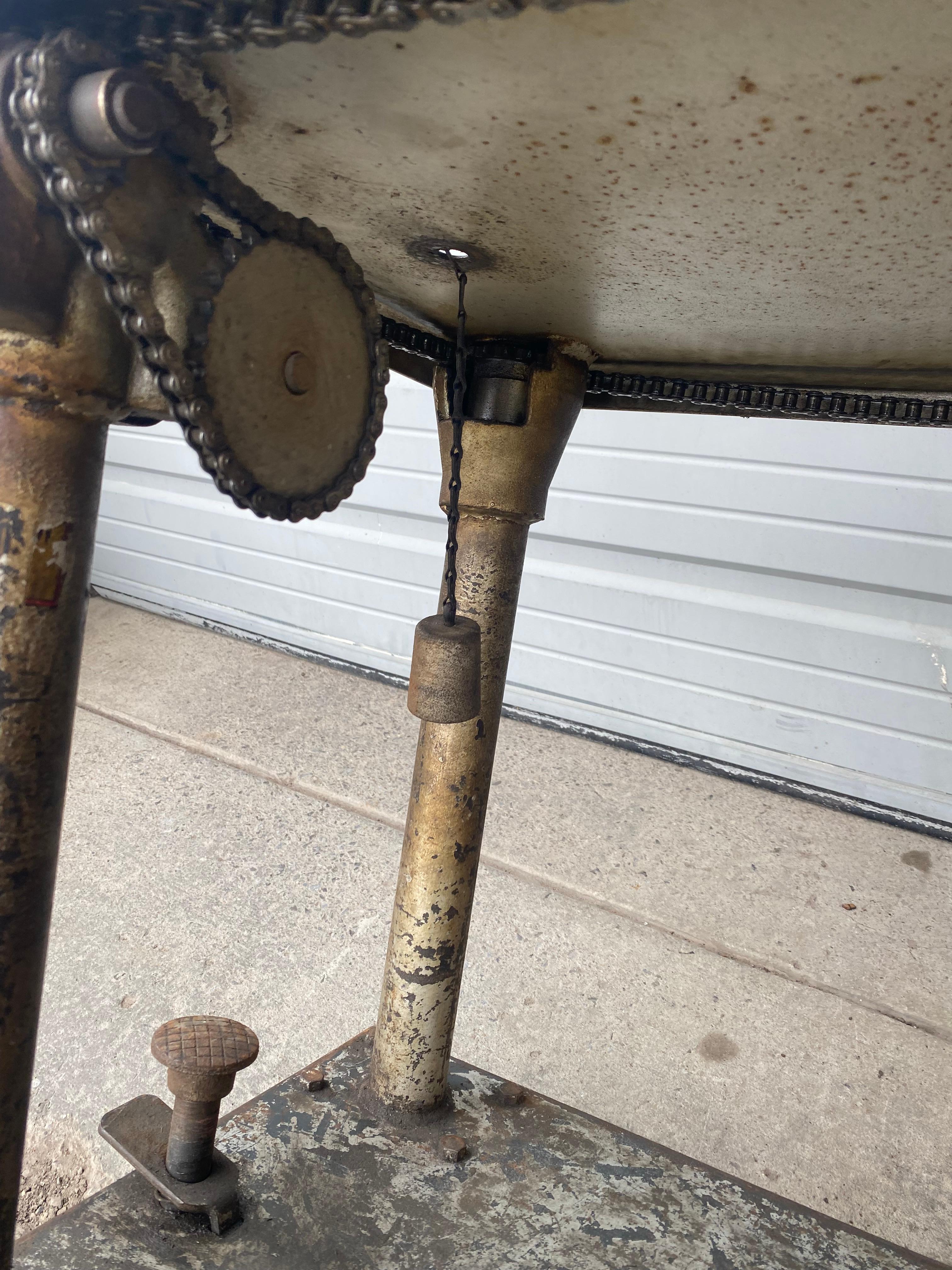 Mid-20th Century Industrial 3-Tiered Chain Drive Adjustable Steel Table / Bar Cart/ Factory Lift
