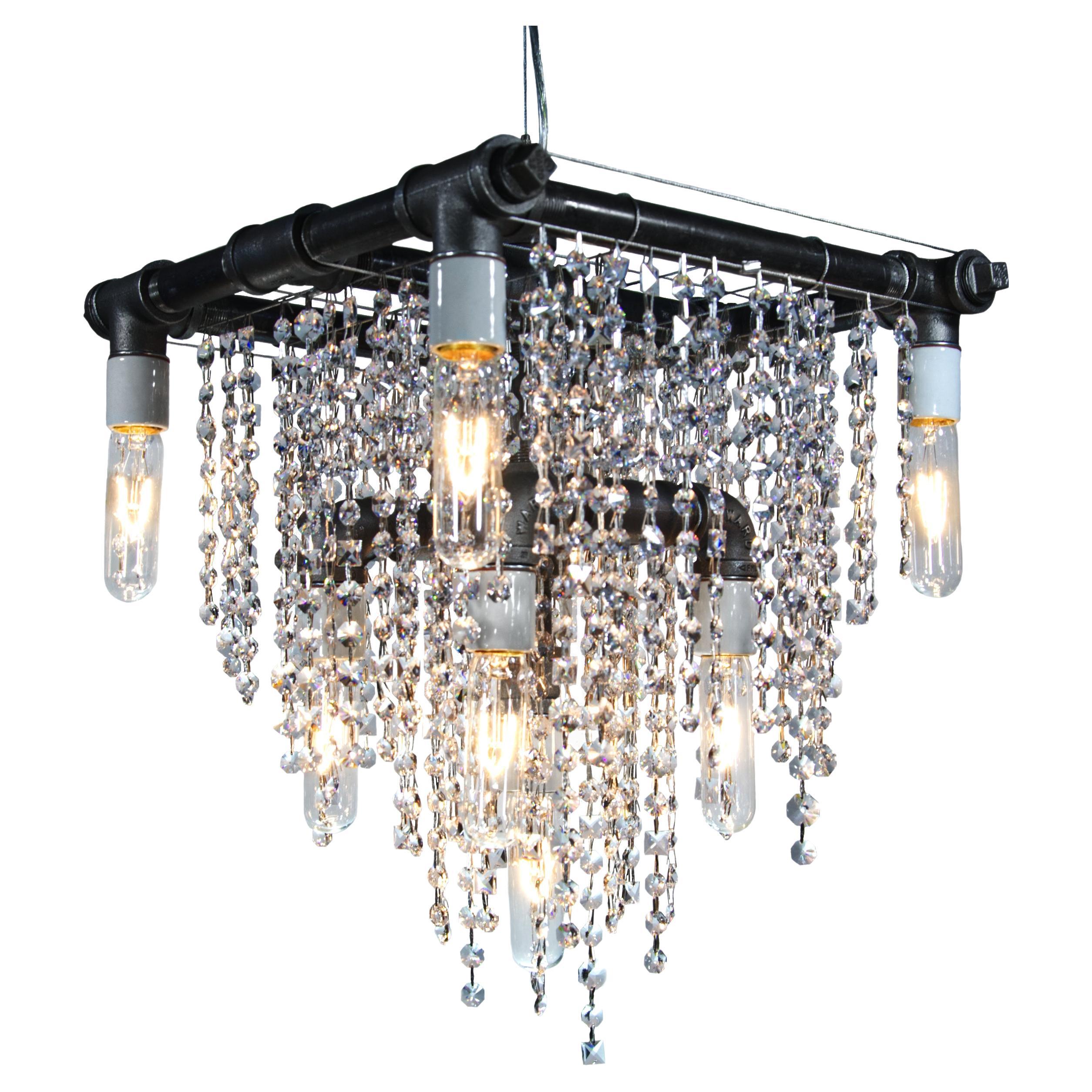 Industrial 9-Light Black Steel and Crystal Compact Pendant Chandelier For Sale