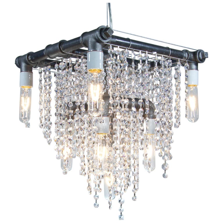 Industrial 9 Light Black Steel And Crystal Compact Pendant Chandelier For At 1stdibs Crystal Compact Pendant Chandelier, 9 Bulb Black Chandelier