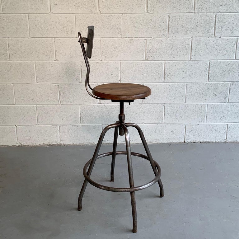 Industrial Adjustable Brushed Steel Drafting Stool In Good Condition For Sale In Brooklyn, NY