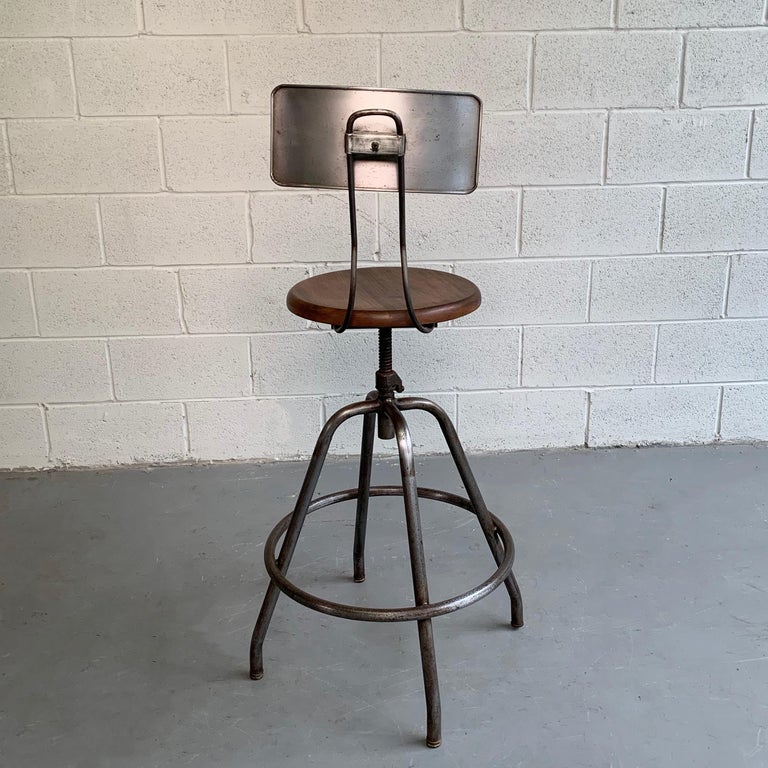 20th Century Industrial Adjustable Brushed Steel Drafting Stool For Sale