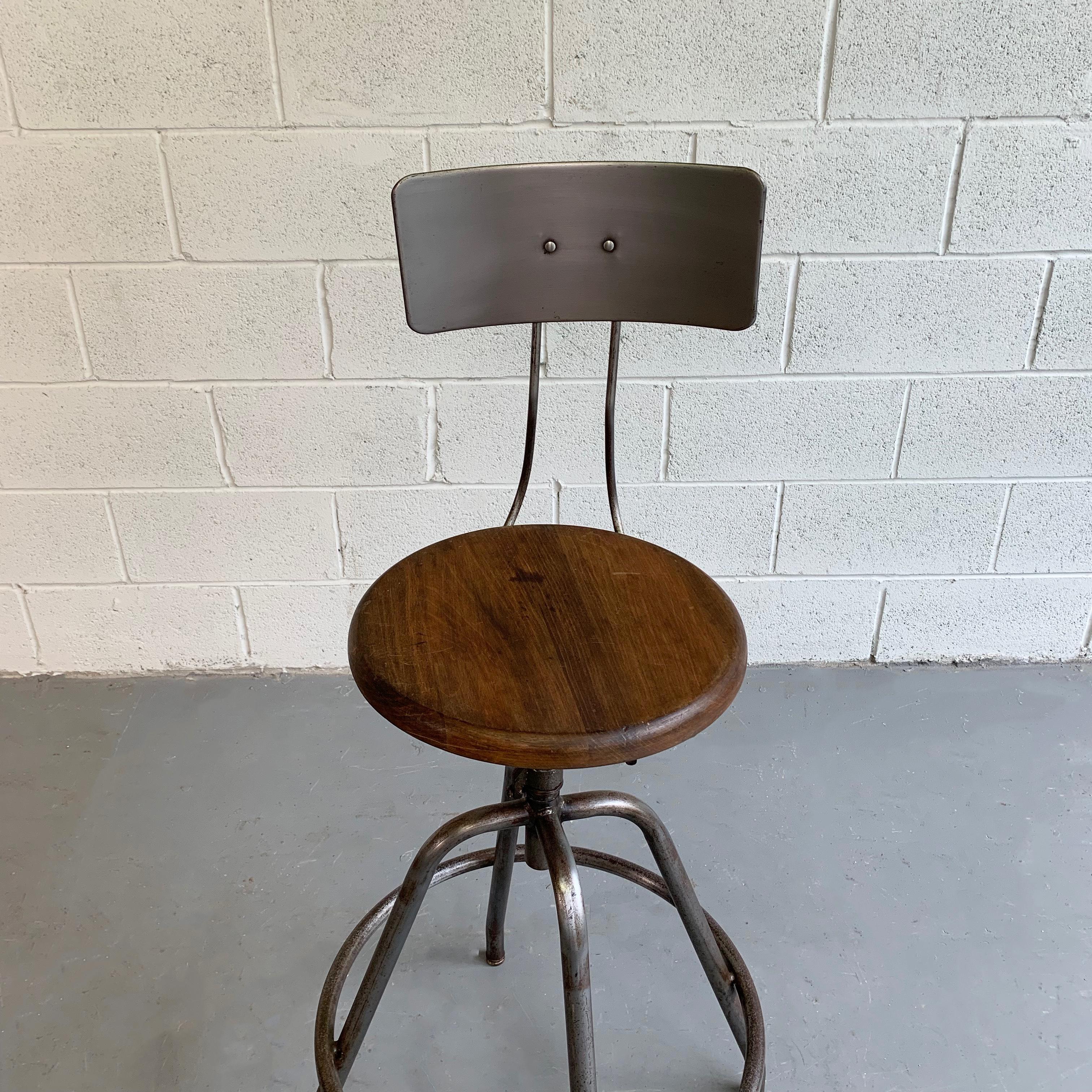 Industrial Adjustable Brushed Steel Drafting Stool In Good Condition For Sale In Brooklyn, NY