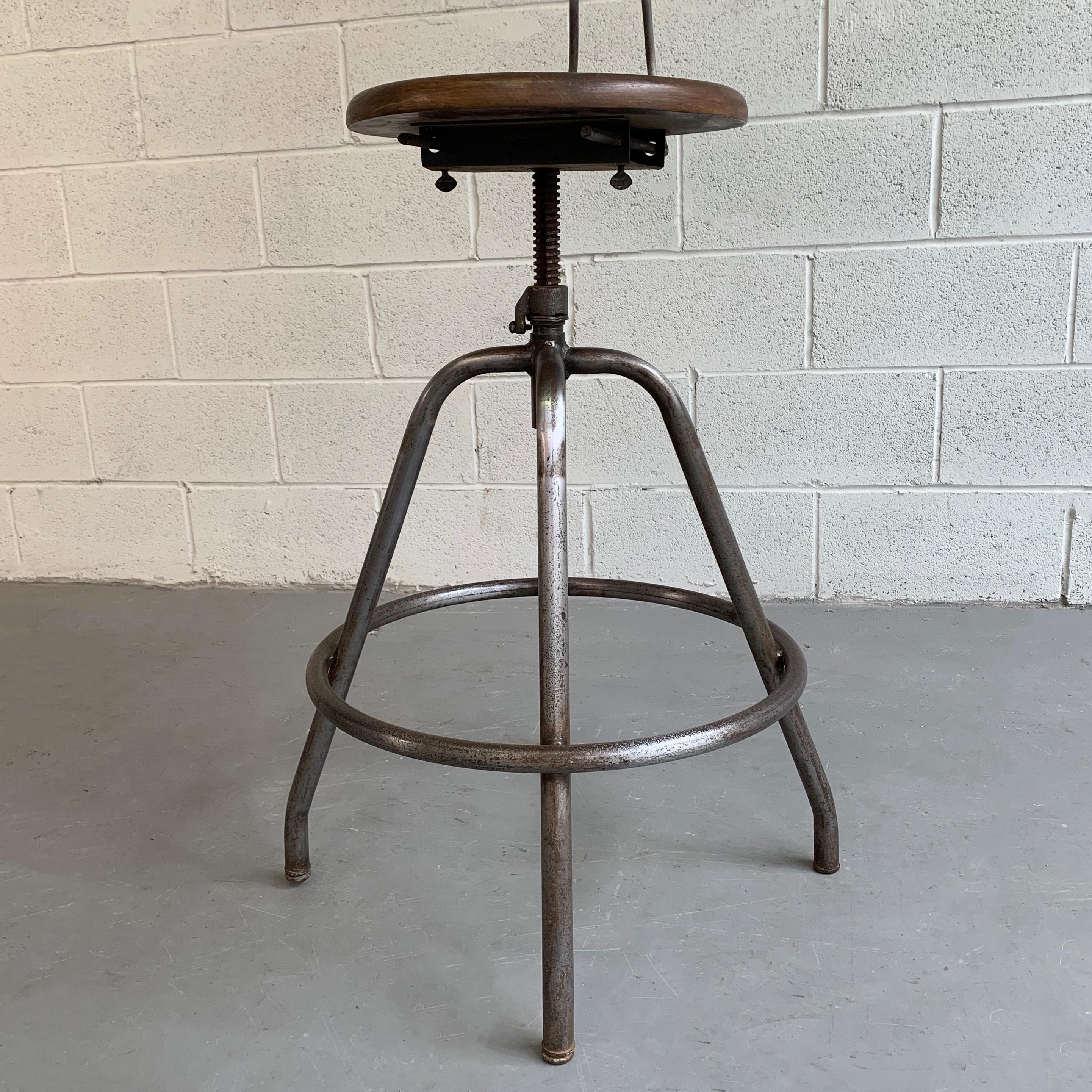 20th Century Industrial Adjustable Brushed Steel Drafting Stool For Sale