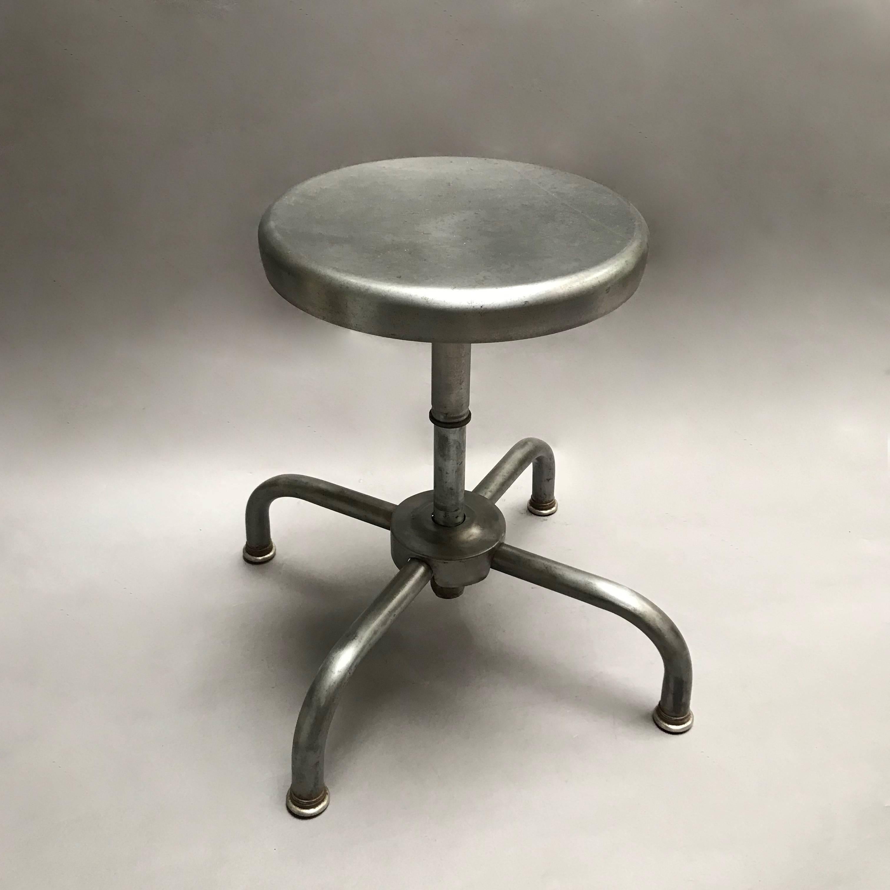 Industrial Adjustable Brushed Steel Swivel Stools In Excellent Condition In Brooklyn, NY