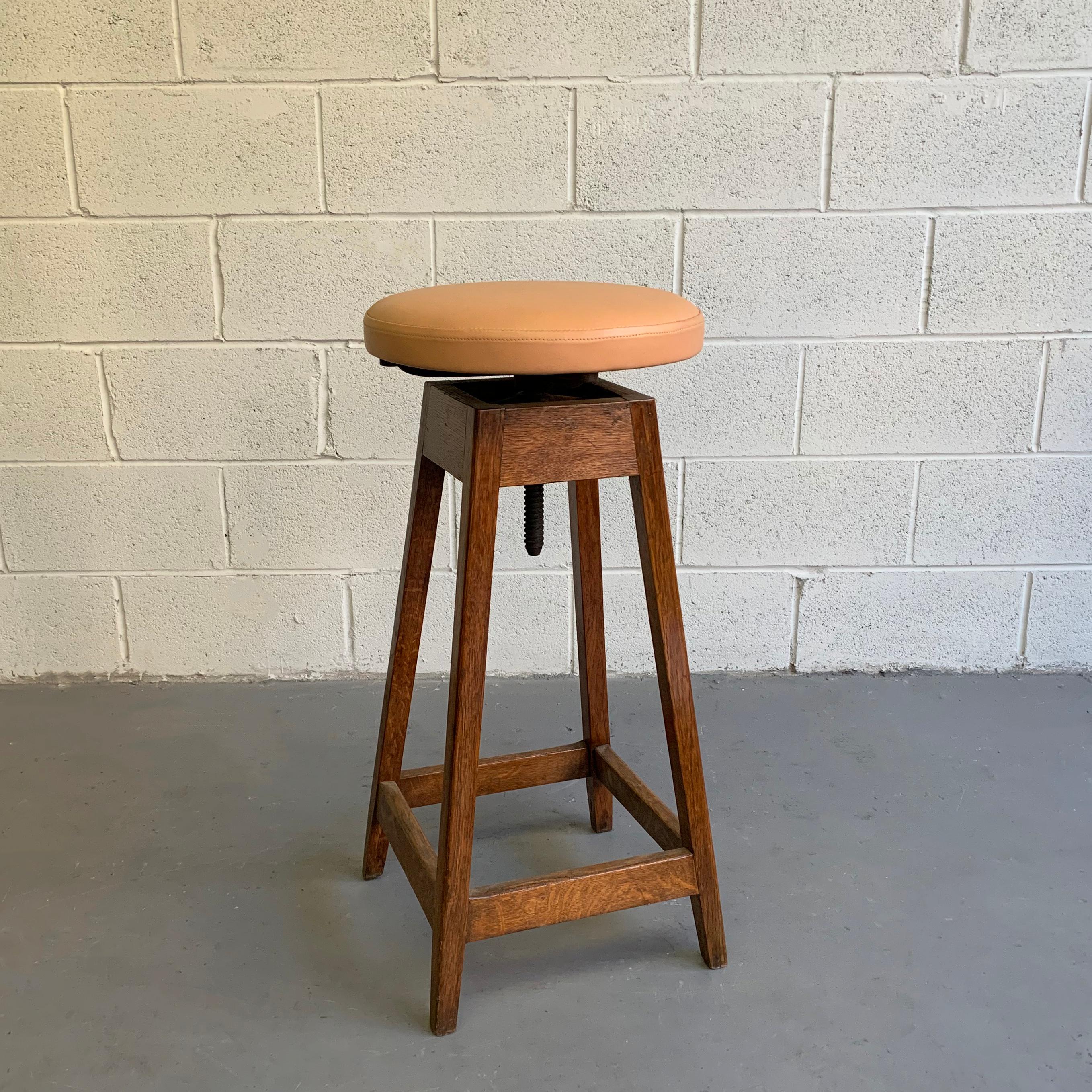 American Industrial Adjustable Oak Shop Stool With Leather Seat For Sale
