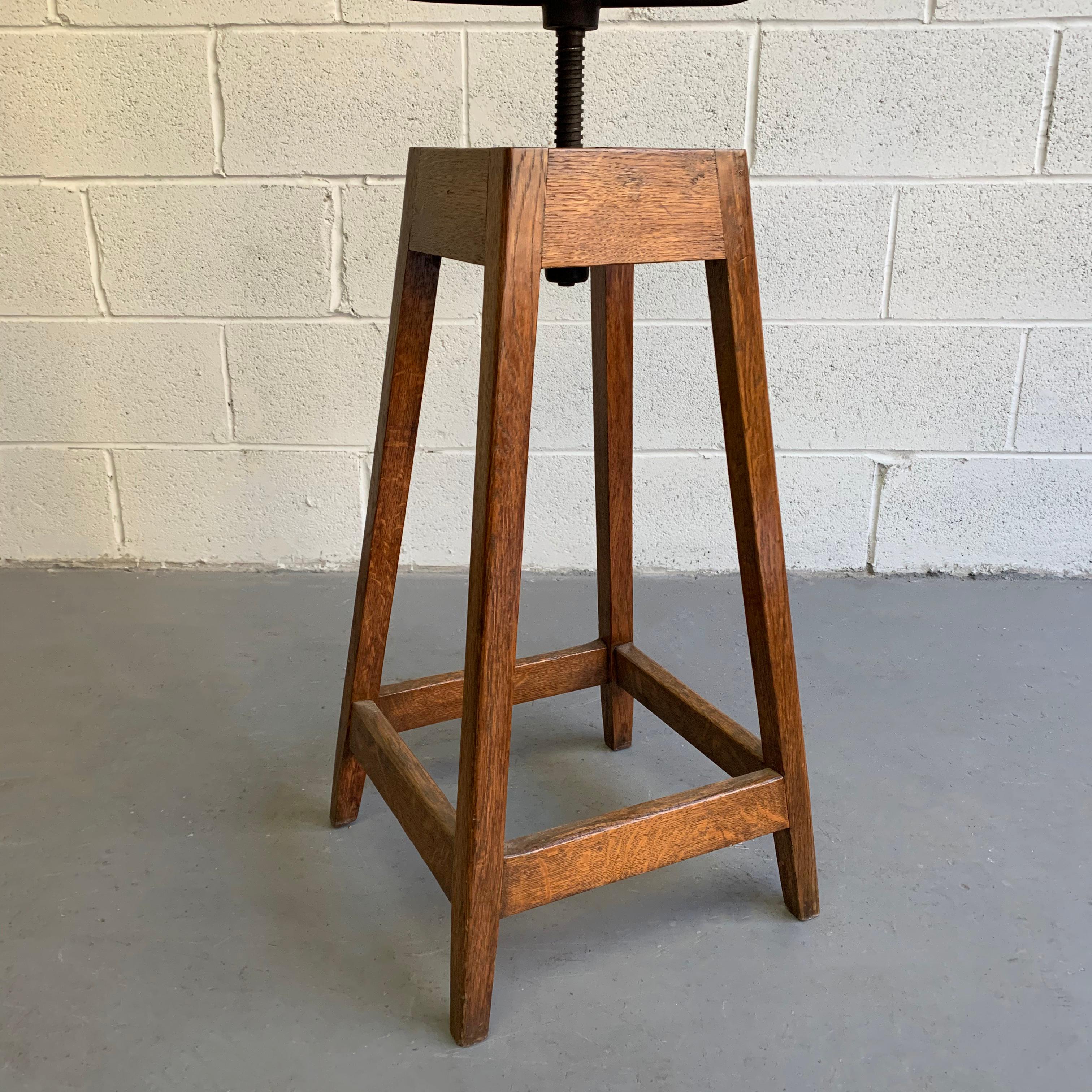 20th Century Industrial Adjustable Oak Shop Stool With Leather Seat For Sale