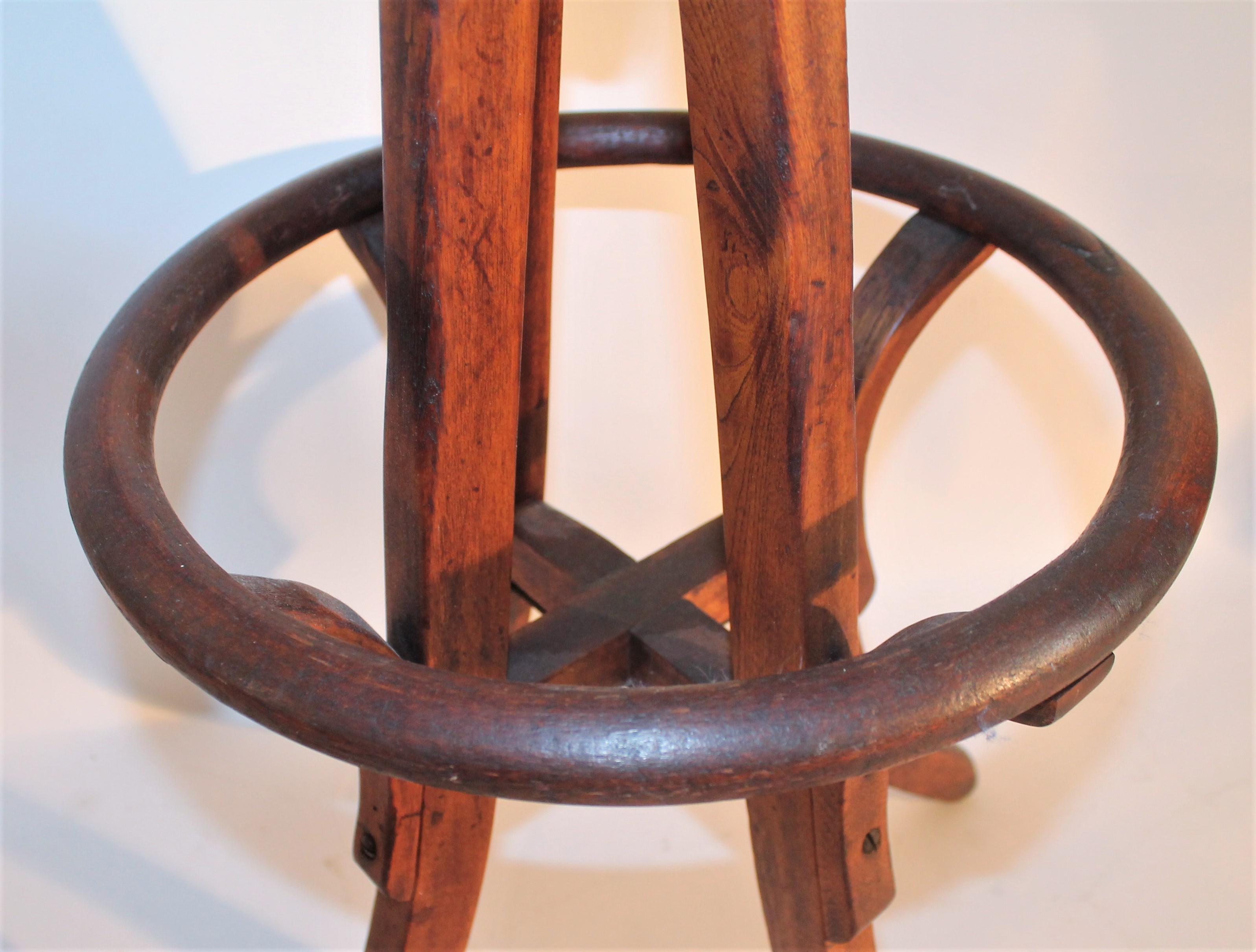 Hand-Crafted Industrial Adjustable Wood Bentwood Swivel Stool