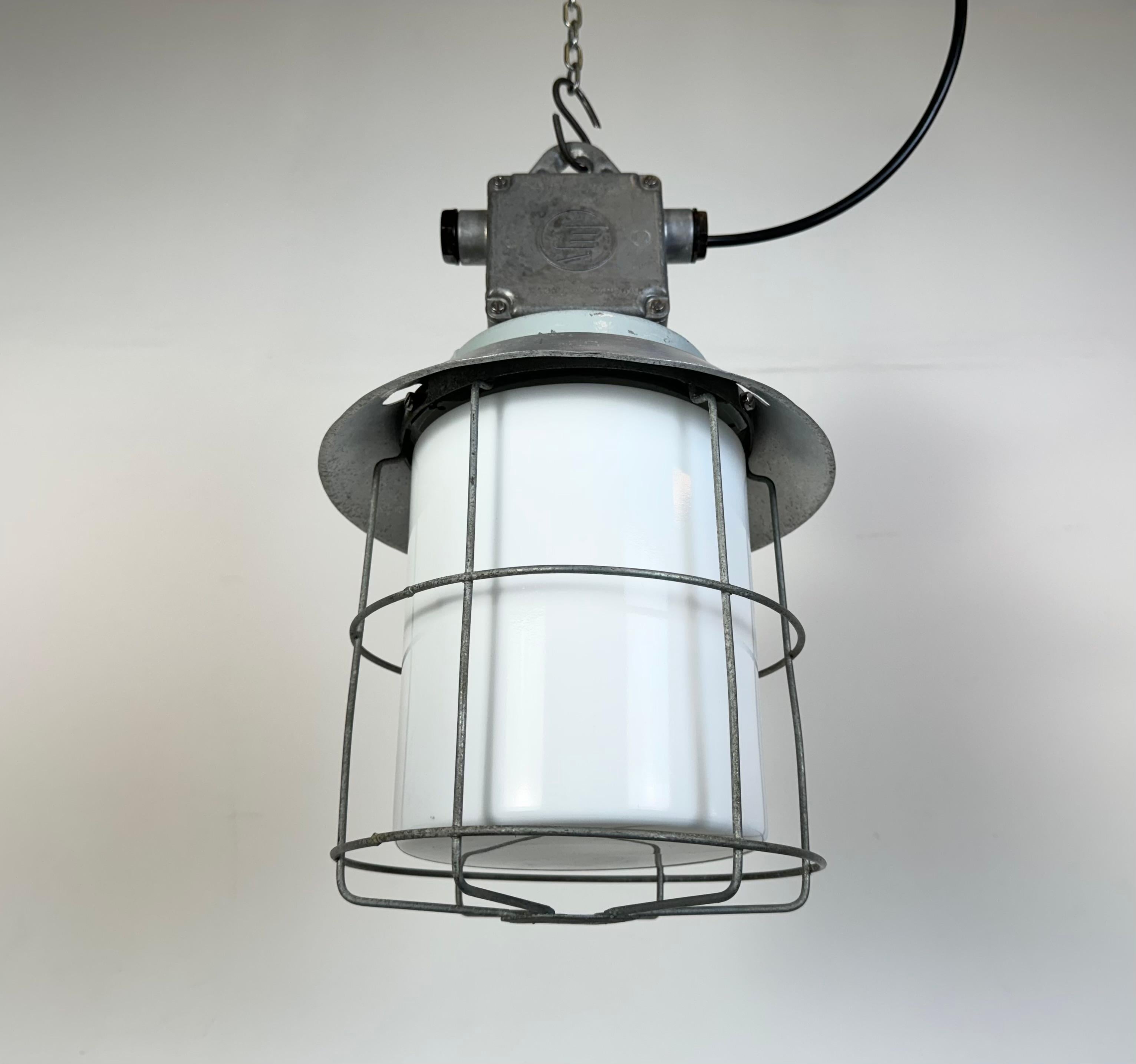 Industrial Aluminium Cage Light with Milk Glass from Elektrosvit, 1970s For Sale 5
