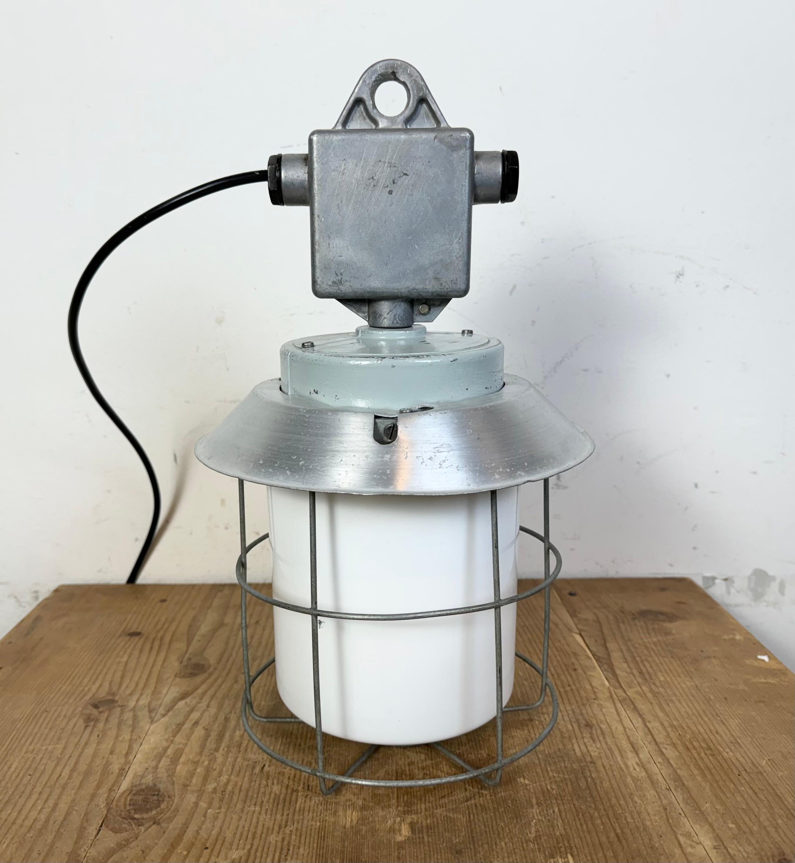 Industrial Aluminium Cage Light with Milk Glass from Elektrosvit, 1970s For Sale 8